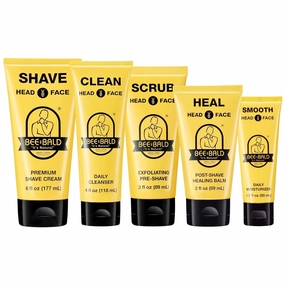 Bee Bald 5-Pack with HEAL Post-Shave Healing Balm, SHAVE Premium Shave Cream, SCRUB Exfoliating Pre-Shave, SMOOTH Daily Moisturizer, and CLEAN Daily Cleanser