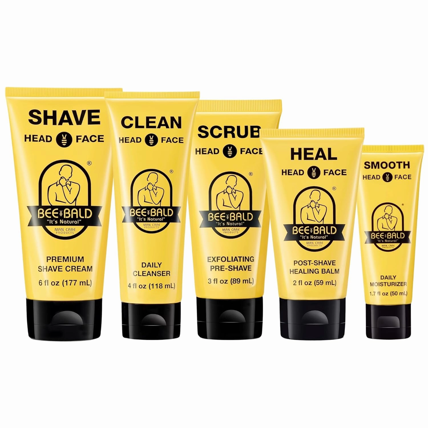 Bee Bald 5-Pack with HEAL Post-Shave Healing Balm, SHAVE Premium Shave Cream, SCRUB Exfoliating Pre-Shave, SMOOTH Daily Moisturizer, and CLEAN Daily Cleanser