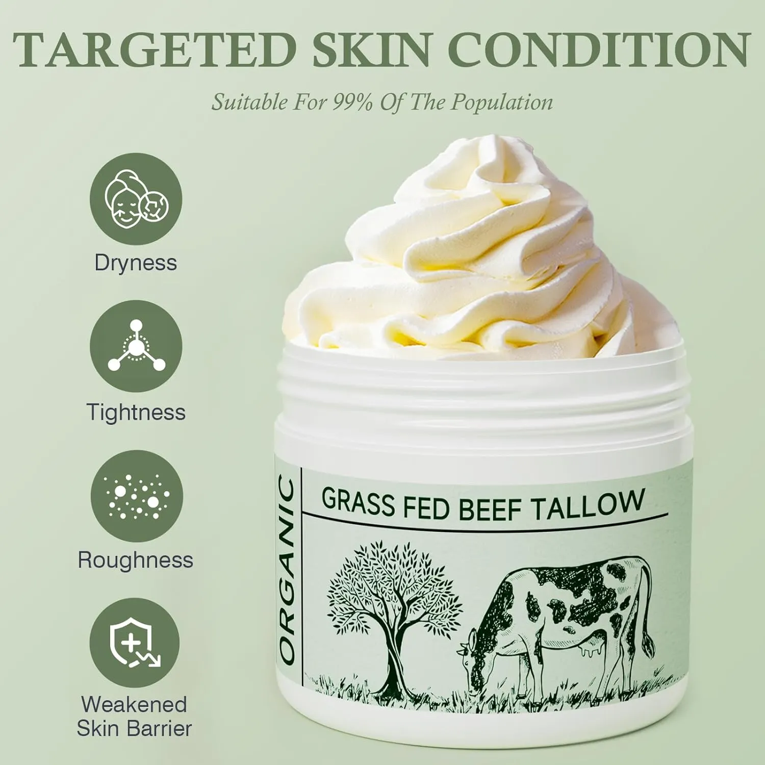 Beef Tallow, Beef Tallow for Skin, Moisturizer for Dry Skin, Unscented Beef Tallow Blam Grass Fed Whipped Tallow Face Cream Nourishing Soothing Moisturizer Body Lotion Skin Care