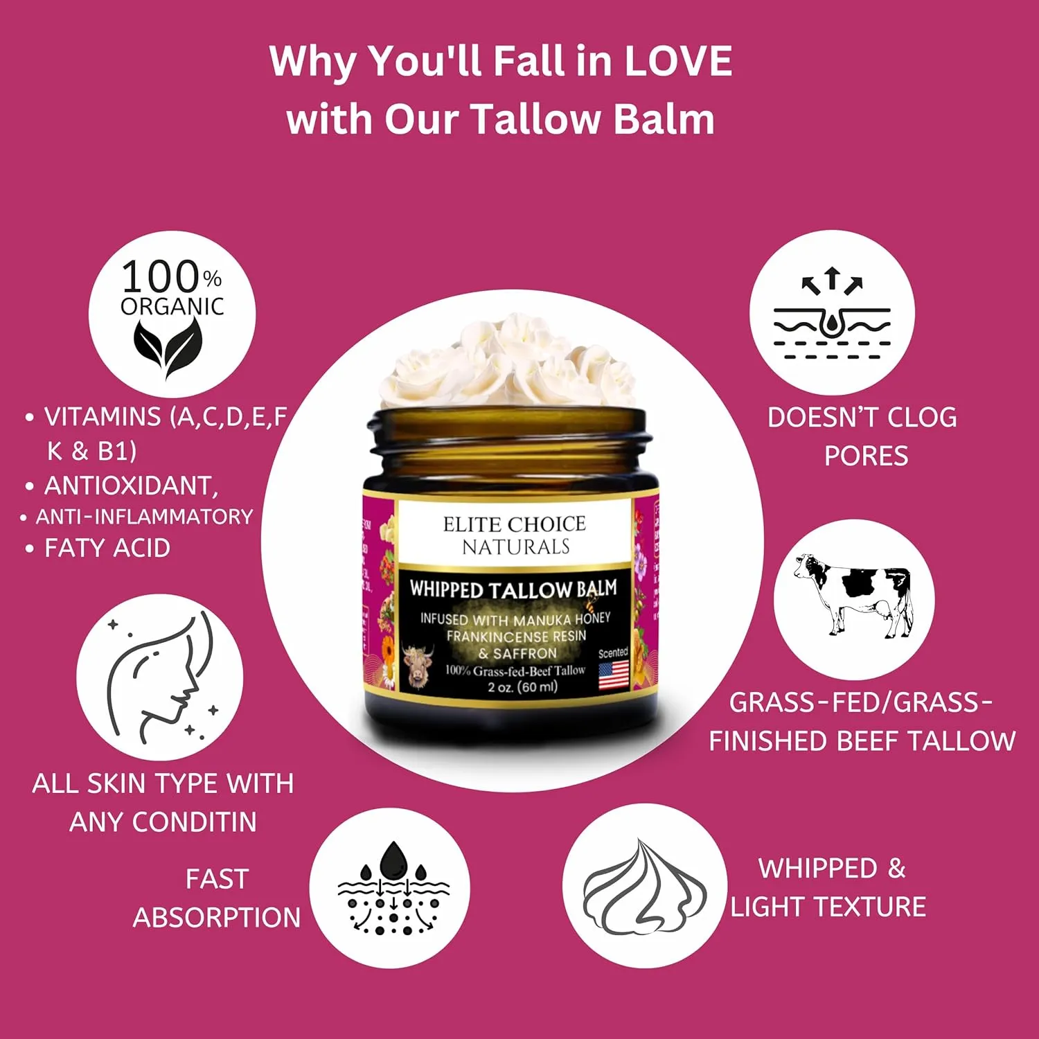 Beef Tallow for Face – Whipped Tallow Balm with Honey – Beef Tallow Moisturizer for Skin – Tallow Face Moisturizer for Wrinkles, Dry Skin, and Fine Lines – Beef Tallow Lotion - 2 Fl oz, Frankincense