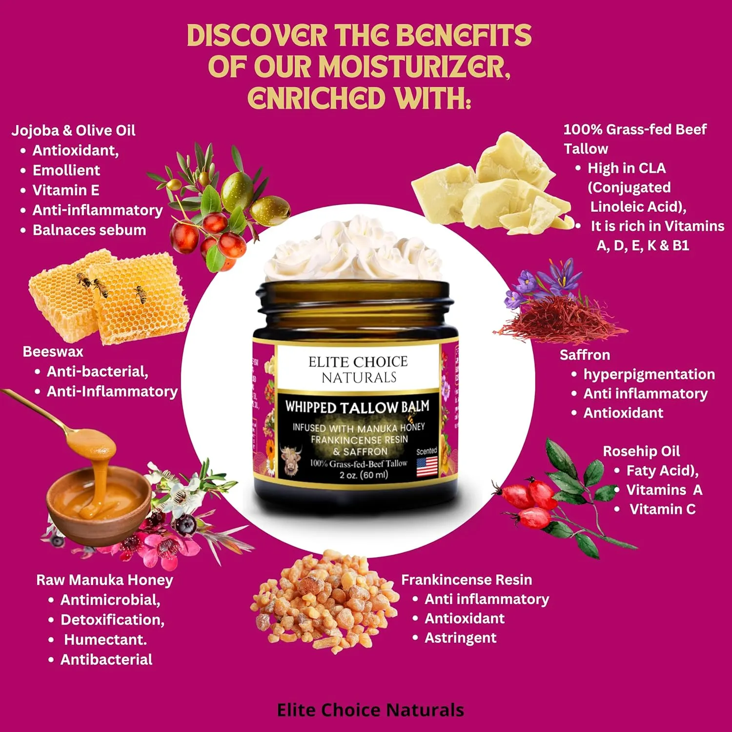 Beef Tallow for Face – Whipped Tallow Balm with Honey – Beef Tallow Moisturizer for Skin – Tallow Face Moisturizer for Wrinkles, Dry Skin, and Fine Lines – Beef Tallow Lotion - 2 Fl oz, Frankincense