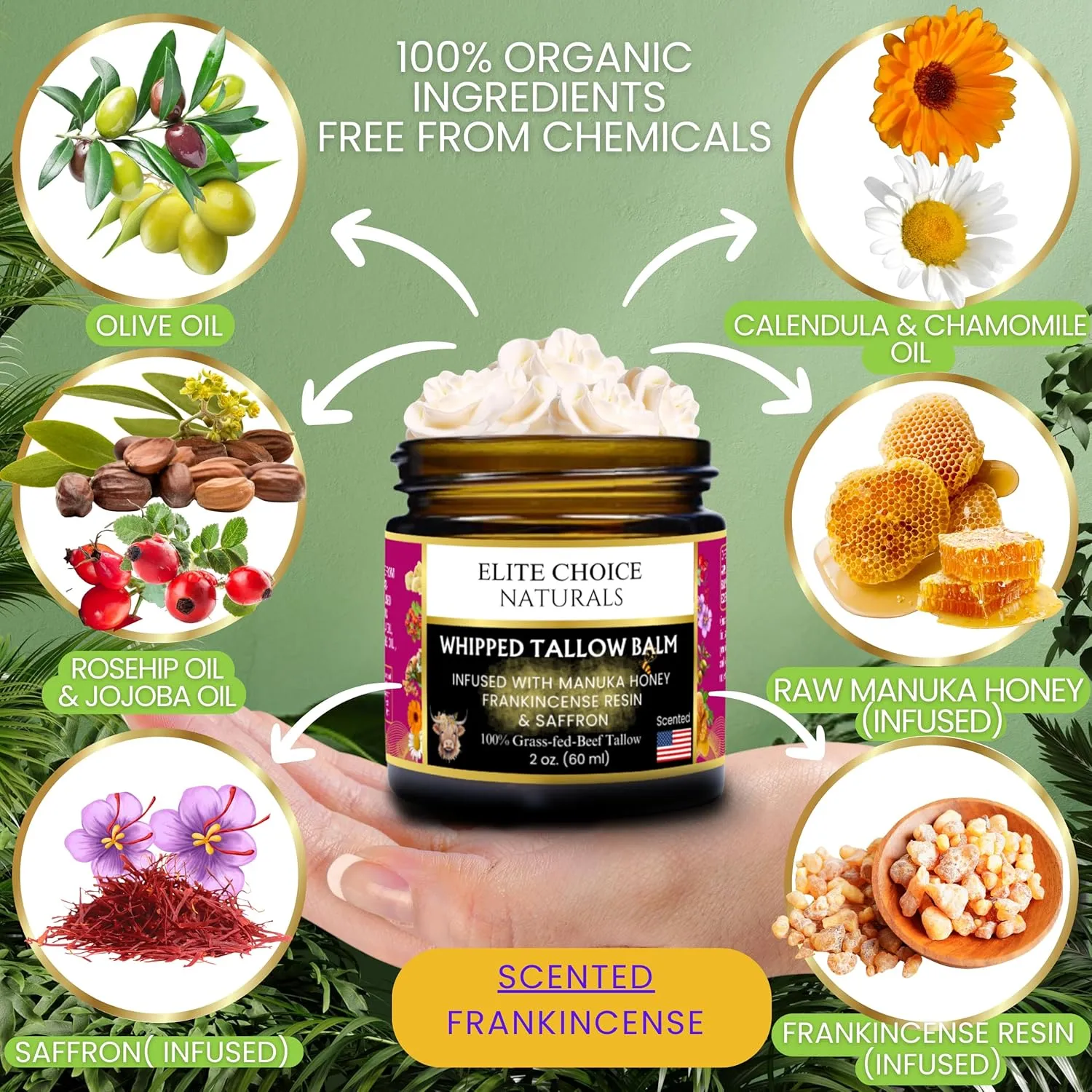 Beef Tallow for Face – Whipped Tallow Balm with Honey – Beef Tallow Moisturizer for Skin – Tallow Face Moisturizer for Wrinkles, Dry Skin, and Fine Lines – Beef Tallow Lotion - 2 Fl oz, Frankincense