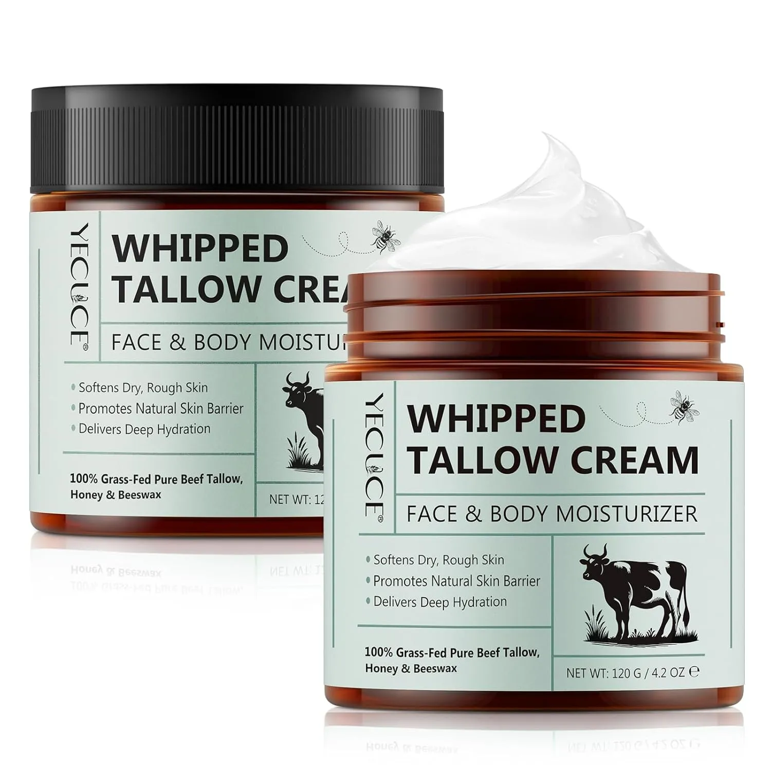 Beef Tallow for Skin 2 pack, Tallow and Honey Balm for Face & Body, Tallow Face Moisturizer, Organic Grass-Fed Whipped Tallow Balm with Raw Honey, Deep Hydration, Soothes Dryness, Repairs Skin Barrier