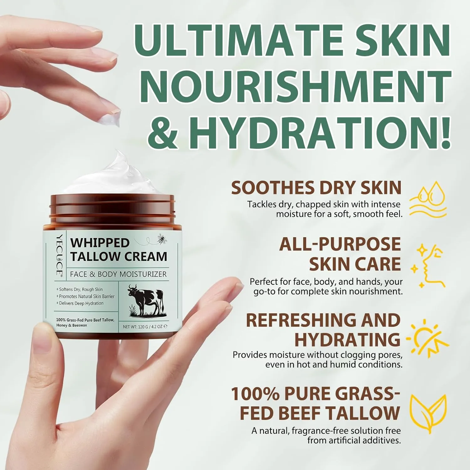 Beef Tallow for Skin 2 pack, Tallow and Honey Balm for Face & Body, Tallow Face Moisturizer, Organic Grass-Fed Whipped Tallow Balm with Raw Honey, Deep Hydration, Soothes Dryness, Repairs Skin Barrier