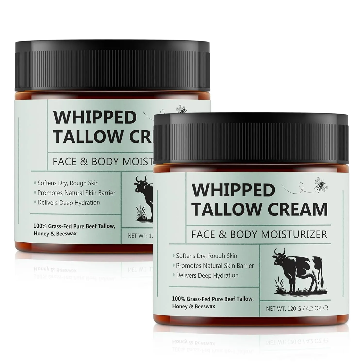 Beef Tallow for Skin, 2PCS Tallow Face Moisturizer, Tallow and Honey Balm, Fast Absorption and Deeply Moisturizing for Face & Body, Organic Grass Fed Beef Tallow with Honey Cream 4.2 Oz