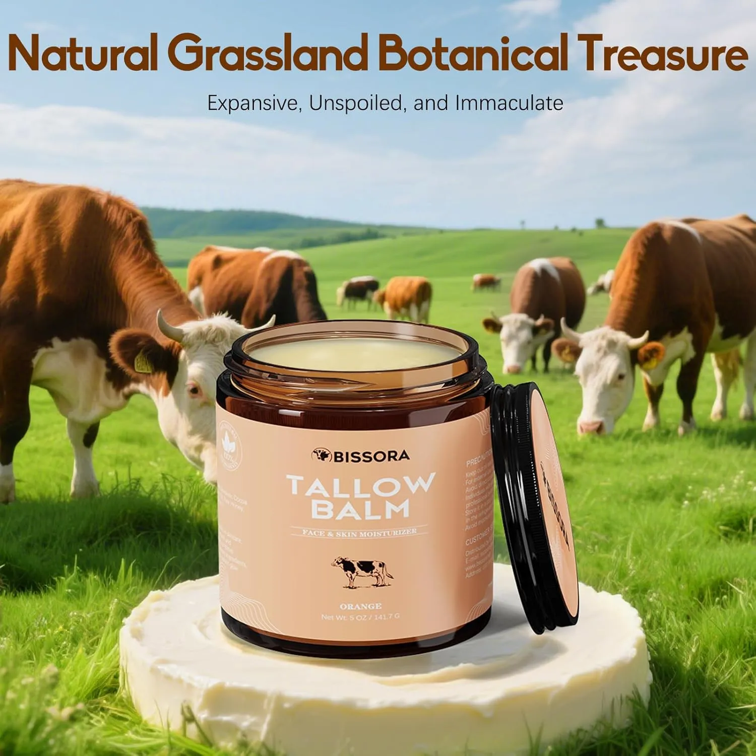 Beef Tallow for Skin, Organic Grass-Fed Beef Tallow Balm with Raw Honey & Jojoba Oil - Whipped Moisturizer for Face & Body - All-Natural Skin Care for Soft, Hydrated Skin (5 OZ, Orange)
