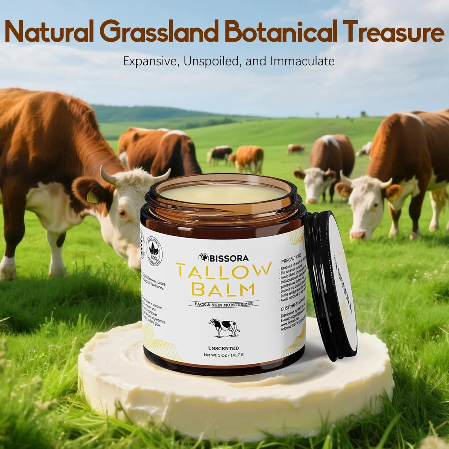 Beef Tallow for Skin, Organic Grass-Fed Beef Tallow Balm with Raw Honey & Jojoba Oil - Whipped Moisturizer for Face & Body - All-Natural Skin Care for Soft, Hydrated Skin (5 OZ, Unscented)