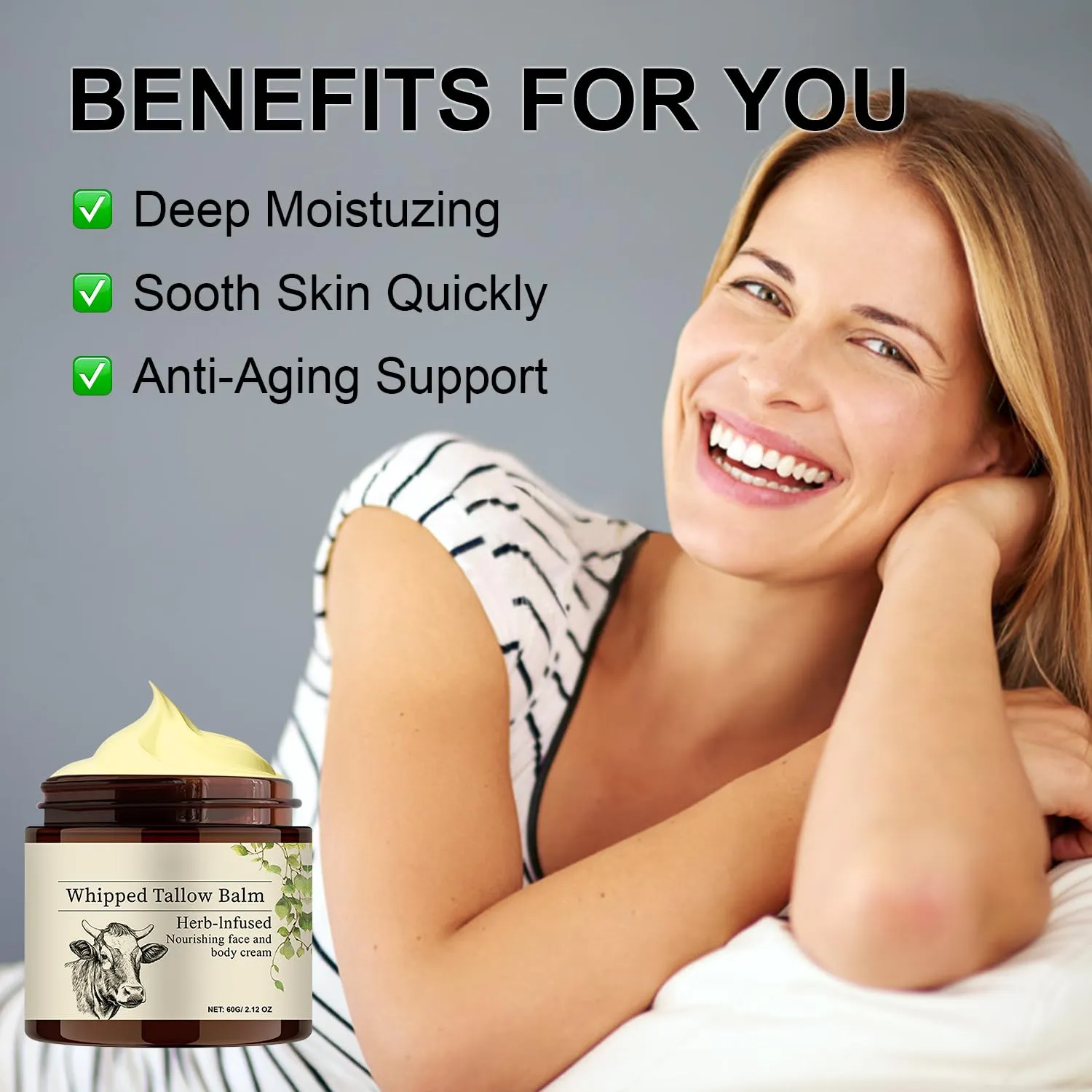 Beef Tallow for Skin, Tallow and Honey Balm For Face, Beef Tallow Face Moisturizer for Dry Skin, All Natural Hydration Moisturizer Body Lotion Skincare, 2.12 Oz Cream