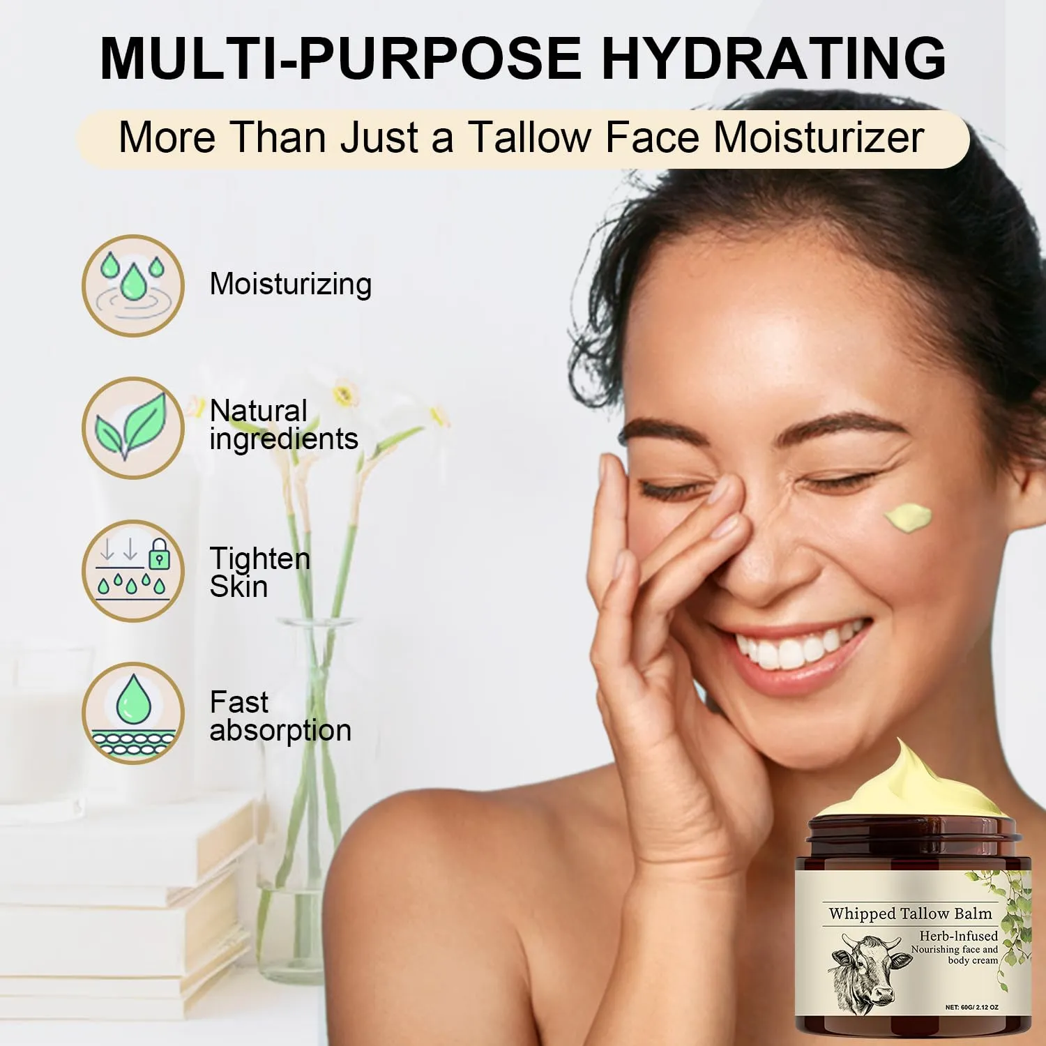 Beef Tallow for Skin, Tallow and Honey Balm For Face, Beef Tallow Face Moisturizer for Dry Skin, All Natural Hydration Moisturizer Body Lotion Skincare, 2.12 Oz Cream