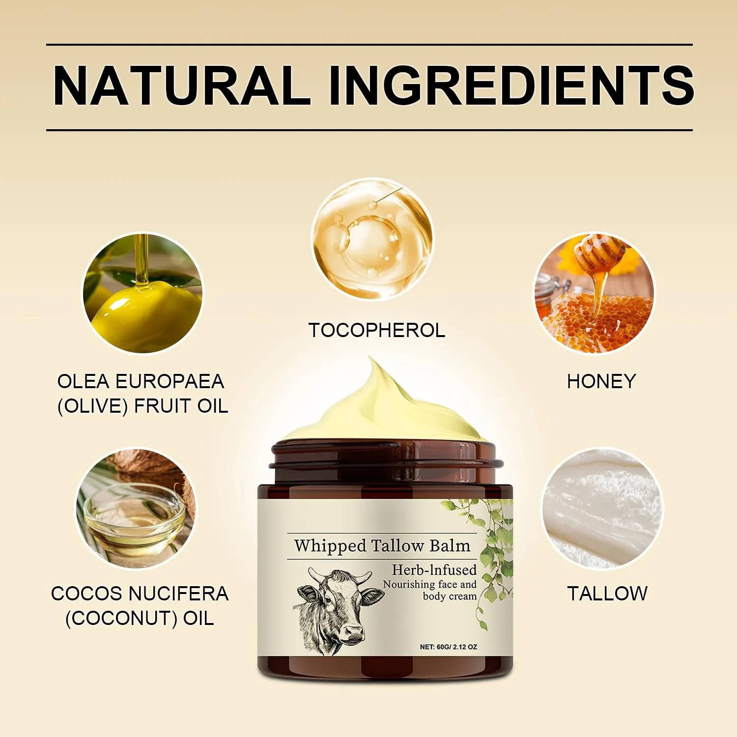 Beef Tallow for Skin, Tallow and Honey Balm For Face, Beef Tallow Face Moisturizer for Dry Skin, All Natural Hydration Moisturizer Body Lotion Skincare, 2.12 Oz Cream