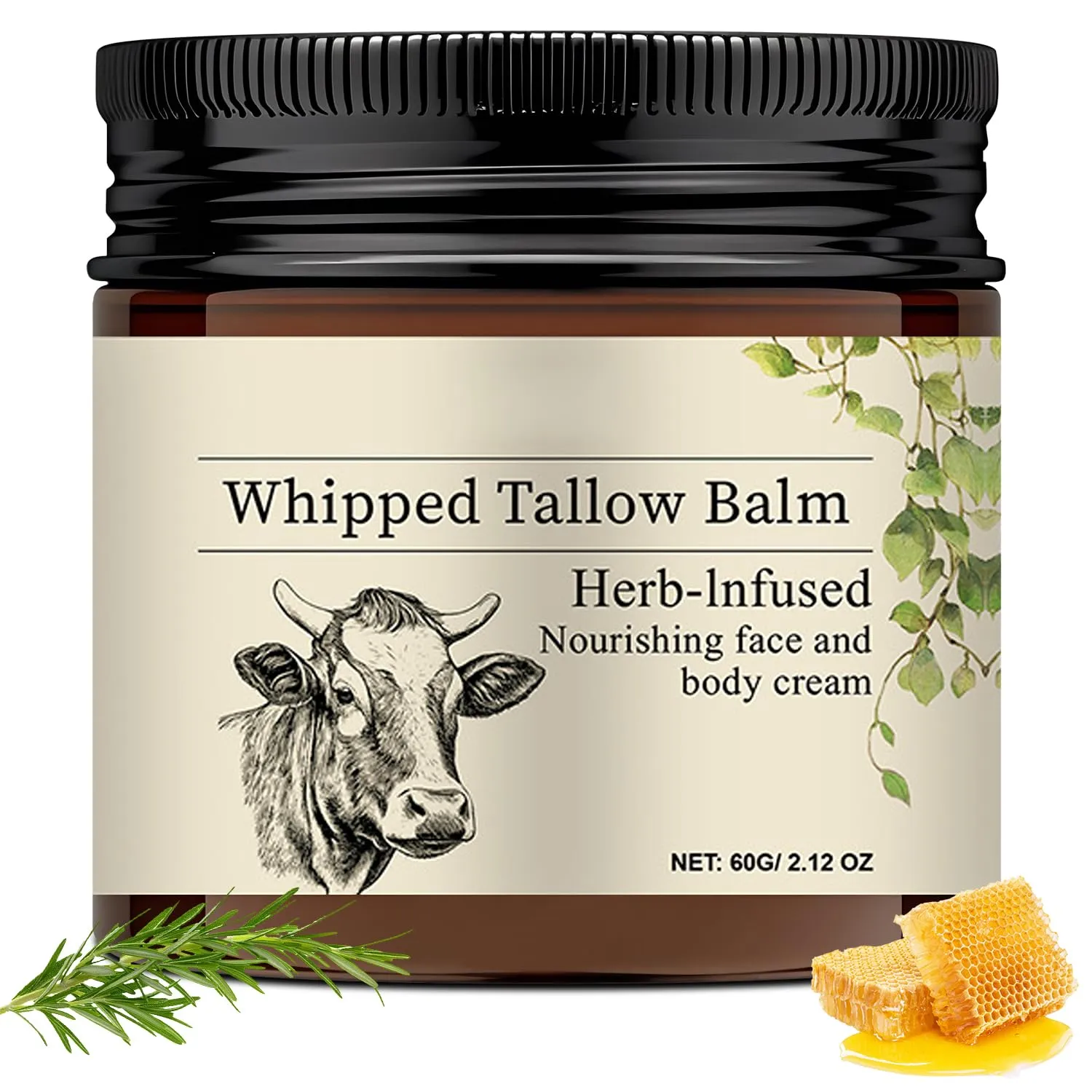 Beef Tallow for Skin, Tallow and Honey Balm For Face, Beef Tallow Face Moisturizer for Dry Skin, All Natural Hydration Moisturizer Body Lotion Skincare, 2.12 Oz Cream