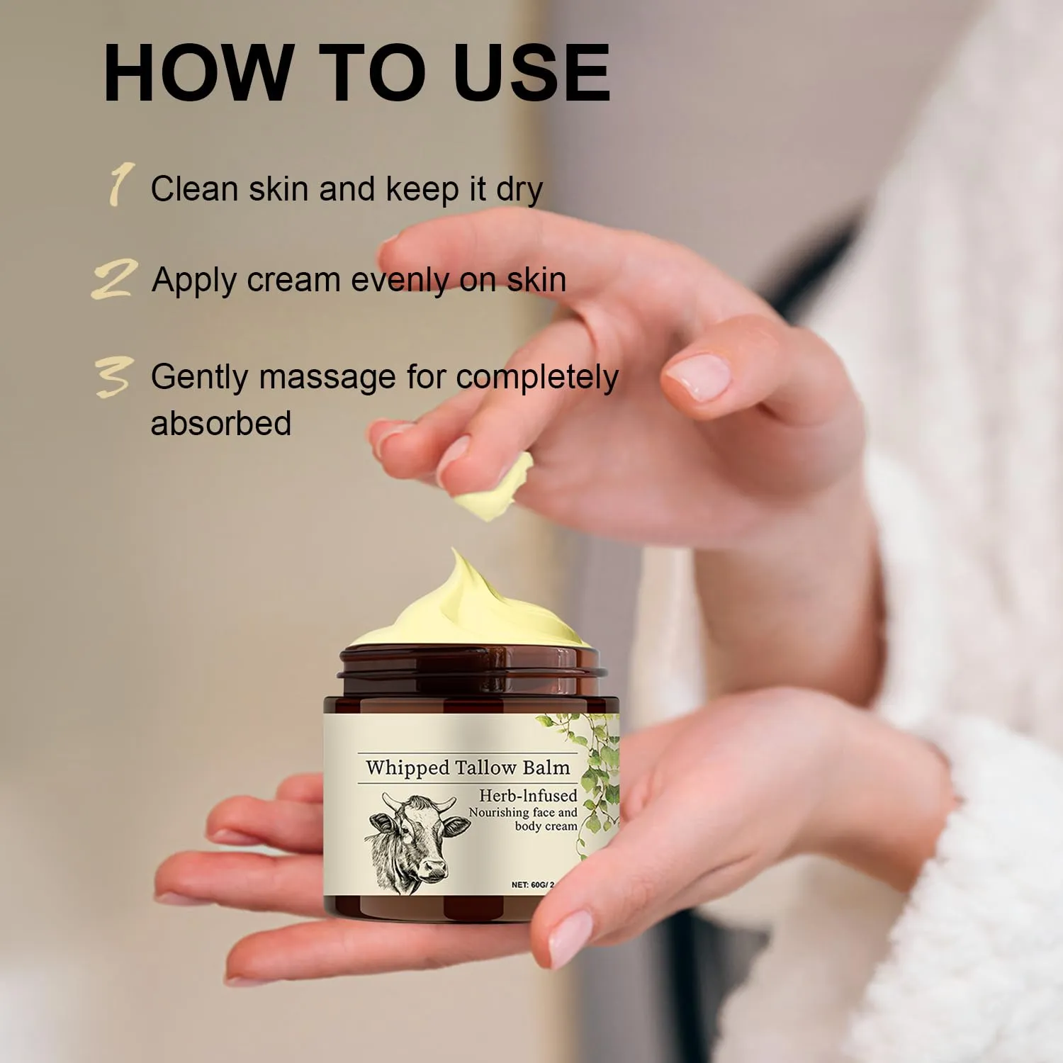Beef Tallow for Skin, Tallow and Honey Balm For Face, Beef Tallow Face Moisturizer for Dry Skin, All Natural Hydration Moisturizer Body Lotion Skincare, 2.12 Oz Cream