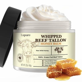 Beef Tallow Cream for Skin: Whipped Grass Fed Beef Tallow with Honey, All-Natural Face Moisturizer, Hydrating & Nourishing Balm for Dry Skin, Eczema Relief, Unscented, Non-Greasy, 2 oz