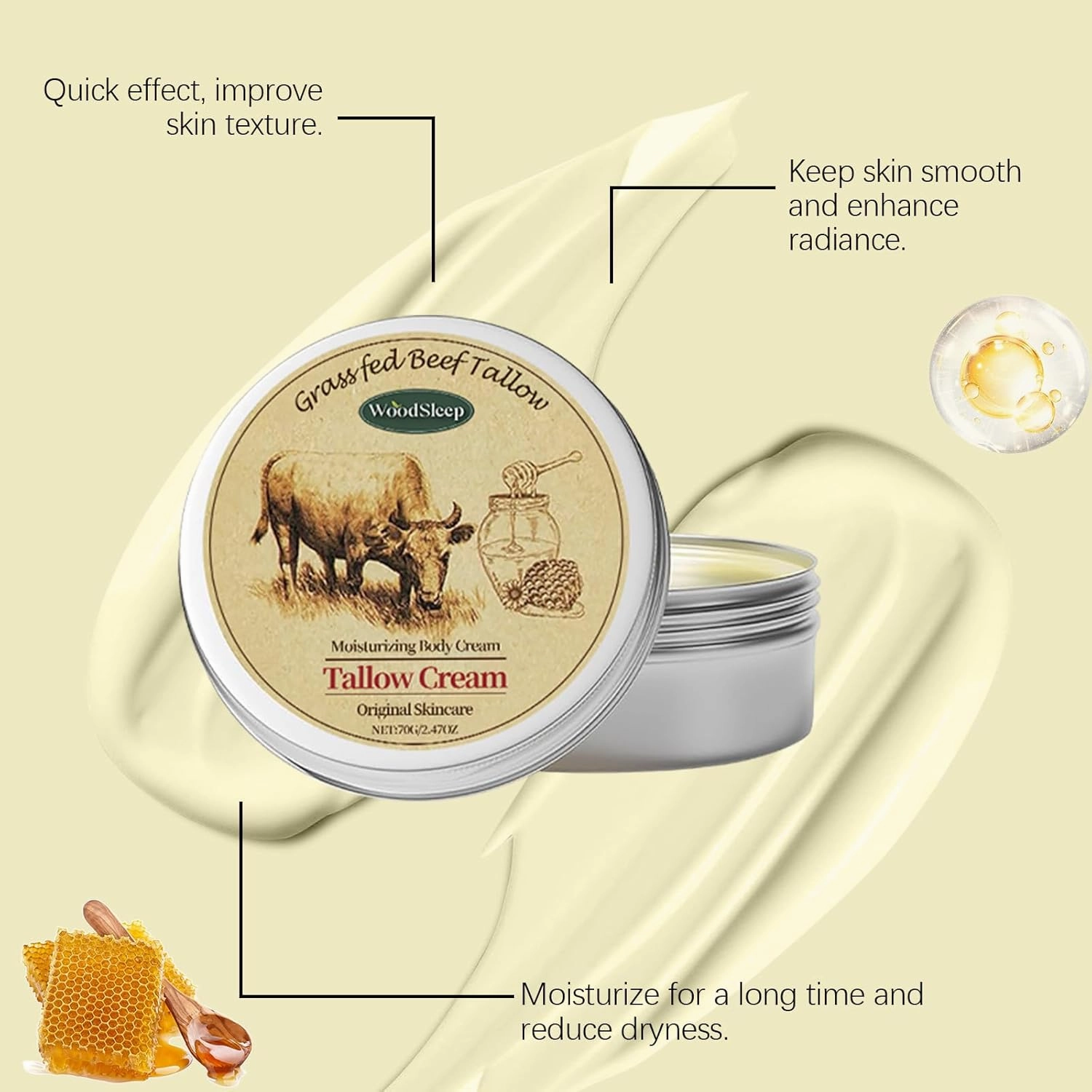 Beef Tallow for Skin, 2.5oz Tallow Face Moisturizer, 2Pack Beef Tallow Balm with Raw Honey Moisturizing Cream for Body Lotion SkinCare