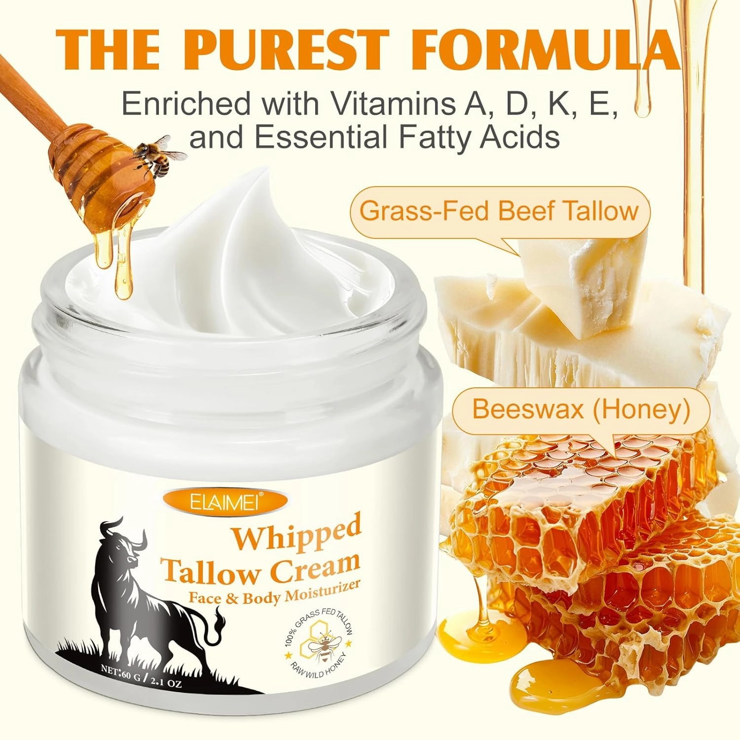 Beef Tallow for Skin, 2Pcs Tallow Face Moisturizer, Natural Grass-Fed Grass Finished Beef Tallow and Honey Balm Deeply Moisturizing for Face & Body