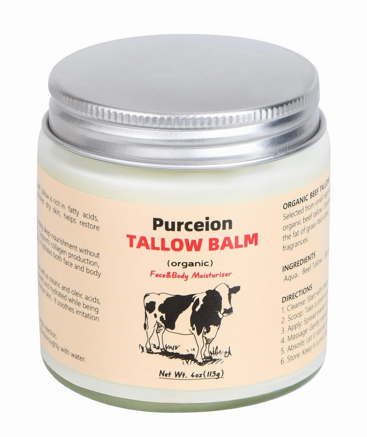 Beef Tallow for Skin (4 Oz), Whipped Grass-Fed Beef Tallow Moisturizer for Deep Hydration, Beef Tallow for Face, and Nourishing Tallow Face Moisturizer for Skin Care.