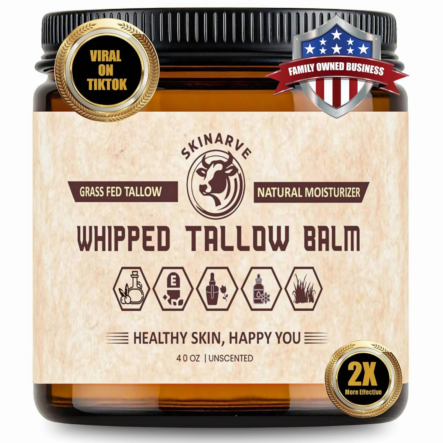 Beef Tallow for Skin 4oz Unscented, Organic Whipped beef Tallow and Honey Balm, 100% Grass Fed Beef Tallow Face Moisturizer For Dry Skin, Lip balm, Eczema Natural Tallow Moisturizer Lotion Body Butter