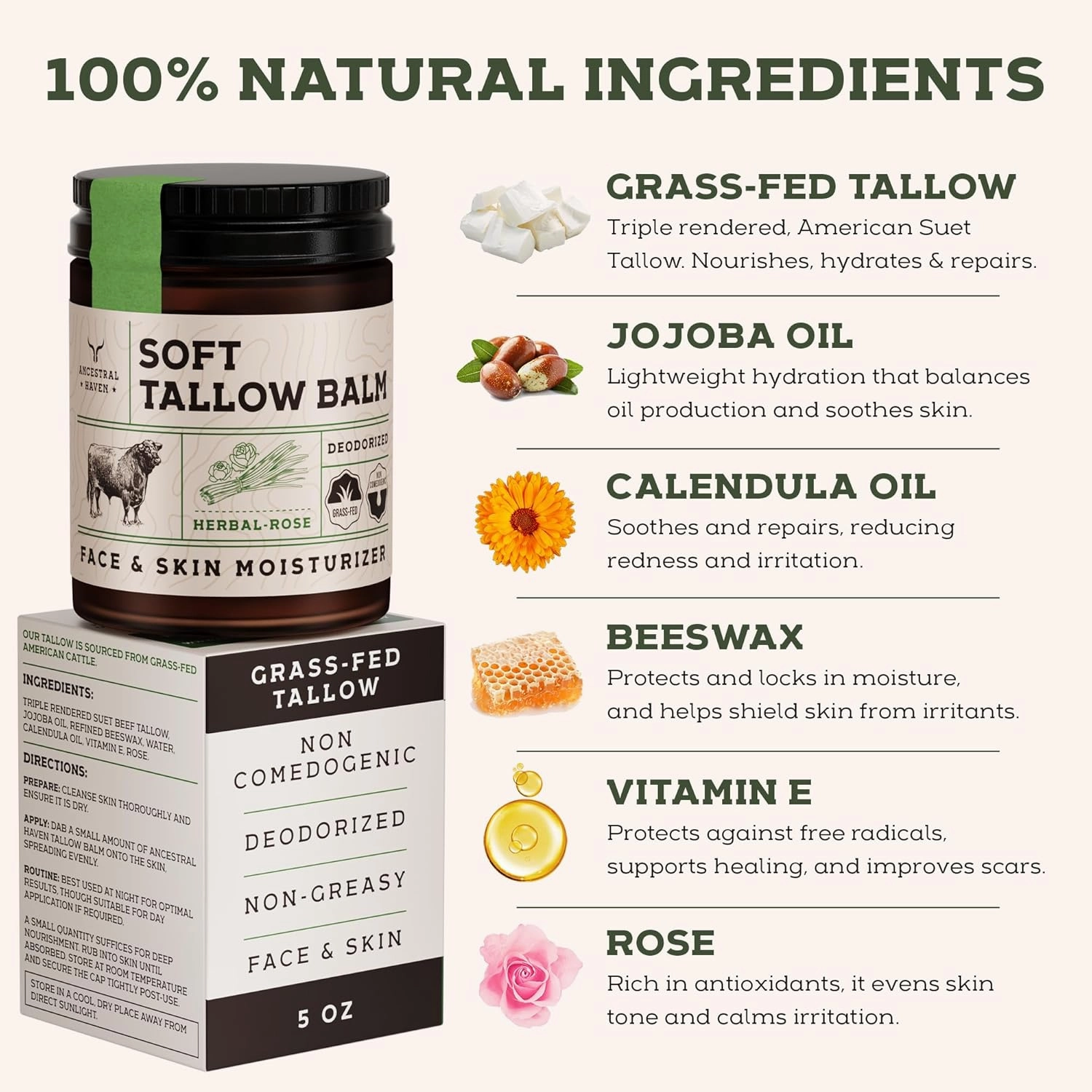 Beef Tallow for Skin - Beef Tallow For Face - Tallow Face Moisturizer - Beef Tallow Moisturizer - Tallow Balm - Grass Fed Beef Tallow For Skin - Tallow Face Cream Lotion (5.0, Herbal-Rose)