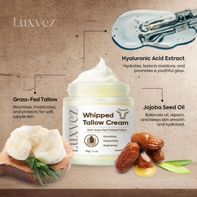 Beef Tallow for Skin – Whipped Tallow Face Moisturizer, Deep Hydration & Nourishment for All Skin Types, Beef Tallow Face Moisturizer, Unscented, 4 Oz