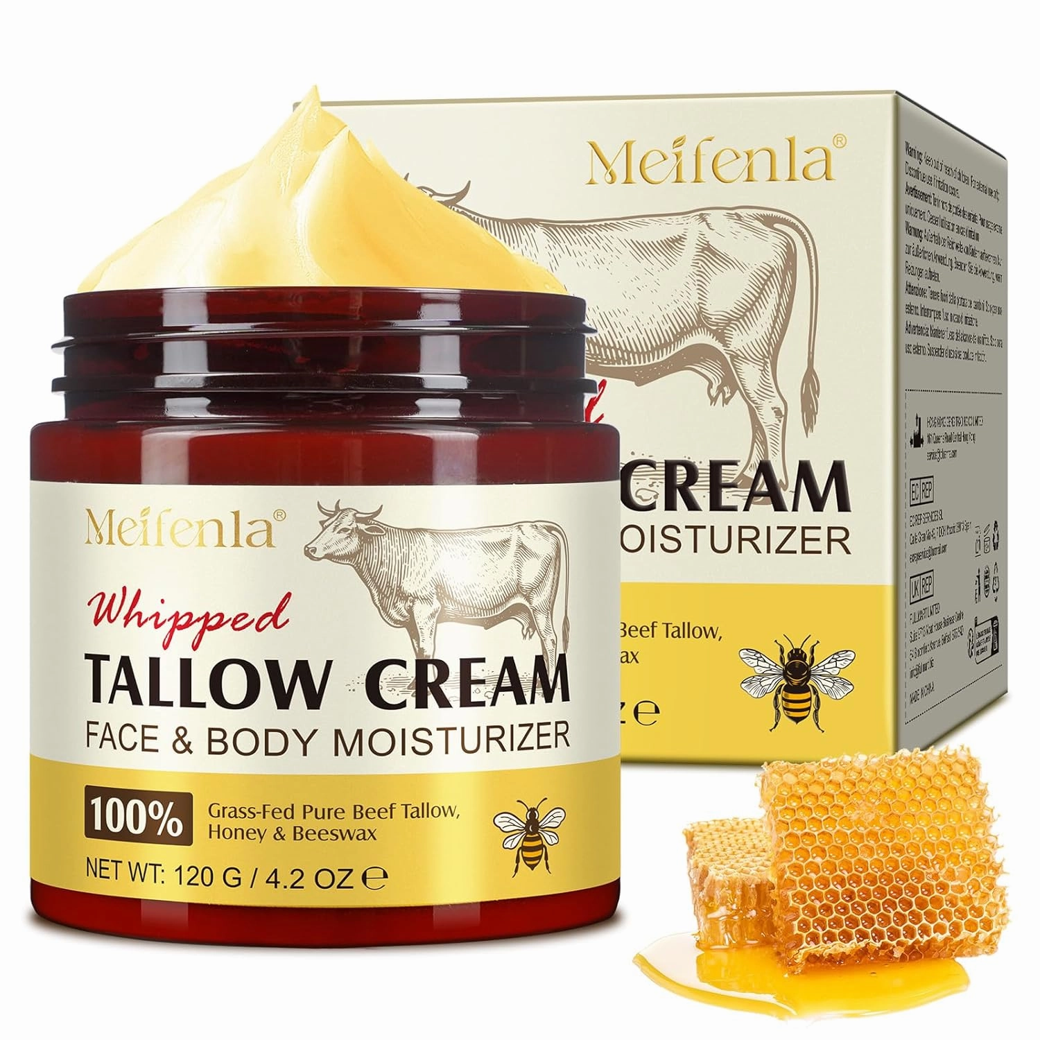 Beef Tallow for Skin, Beef Tallow and Honey Balm 4.2oz, Tallow Face Moisturizer, Organic Grass - Fed Whipped Beef Tallow and Honey Balm - Deeply Moisturizing for Face & Body, Softens Dry