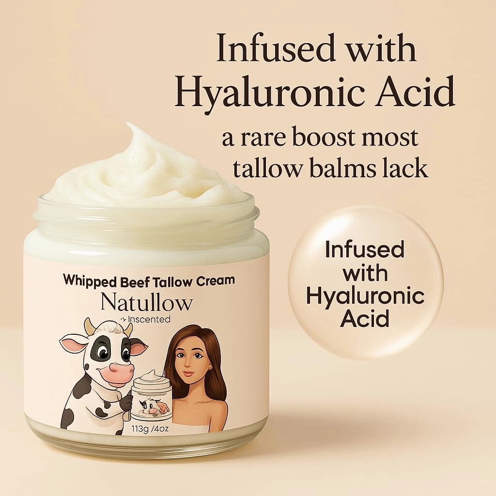 Beef Tallow for Skin, Grass-Fed Beef Tallow Face Moisturizer & Body Lotion, Whipped Tallow Balm for Soft, Smooth Skin, sebo de res para la cara (4 oz, Unscented   Hyaluronic Acid)