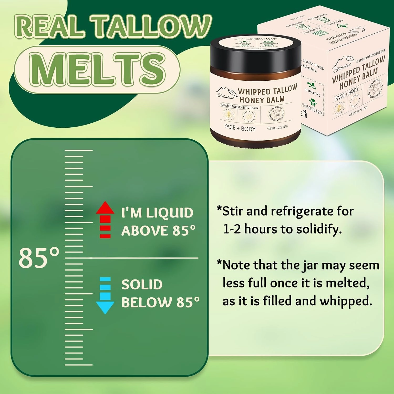 Beef Tallow for Skin, Tallow And Honey Balm, 100% Natural Beef Tallow for Face, Organic Grass-Fed Beef Tallow and Honey Balm, Whipped Beef Tallow Face Moisturizer Body Cream, Unscented 4oz