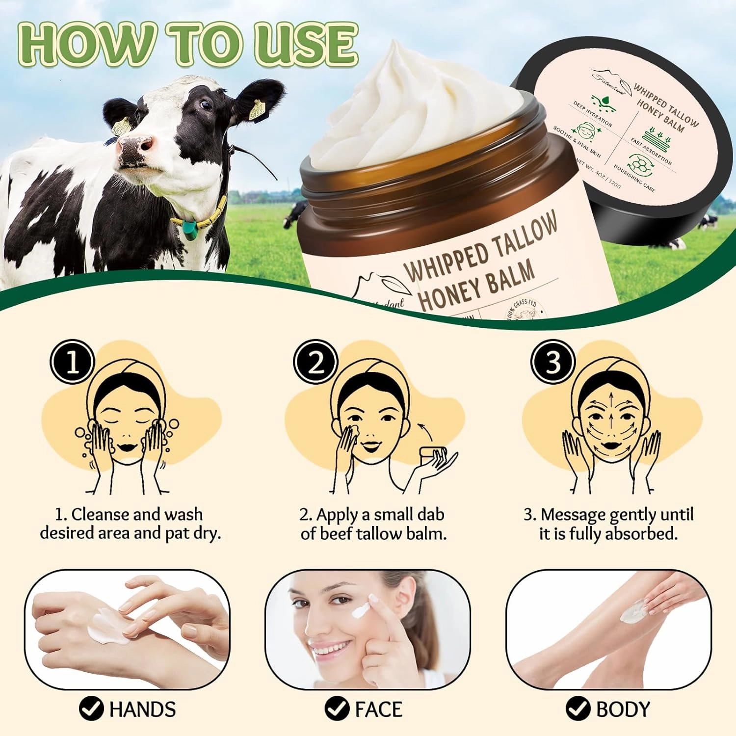 Beef Tallow for Skin, Tallow And Honey Balm, 100% Natural Beef Tallow for Face, Organic Grass-Fed Beef Tallow and Honey Balm, Whipped Beef Tallow Face Moisturizer Body Cream, Unscented 4oz