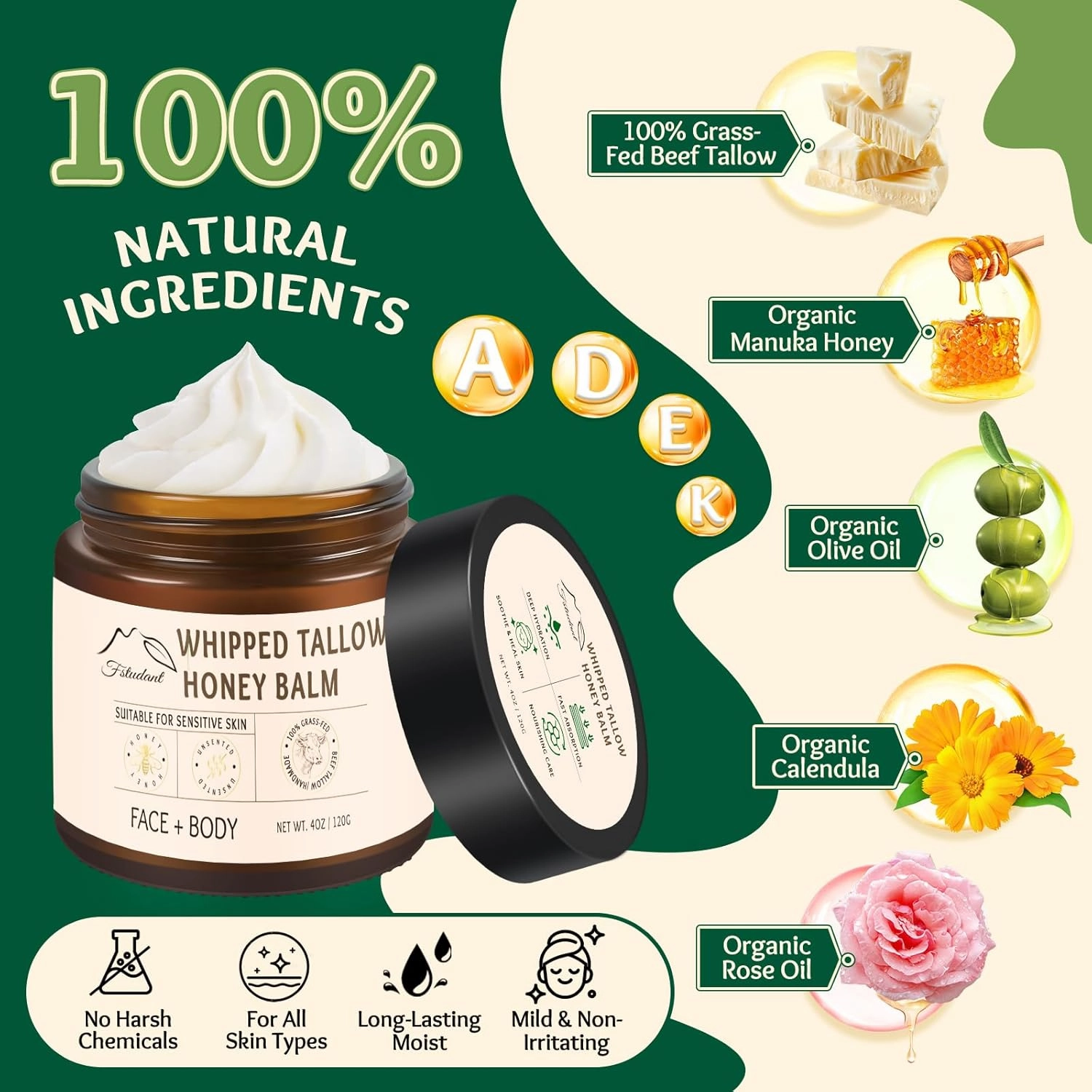 Beef Tallow for Skin, Tallow And Honey Balm, 100% Natural Beef Tallow for Face, Organic Grass-Fed Beef Tallow and Honey Balm, Whipped Beef Tallow Face Moisturizer Body Cream, Unscented 4oz