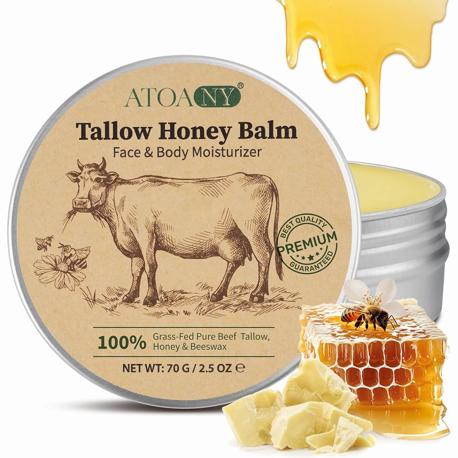 Beef Tallow for Skin, Tallow and Honey Balm, Beef Tallow for Face with Raw Honey and Beeswax, Natural Organic Grass-Fed Beef Tallow Moisturizing Cream for Body Lotion Skin Care