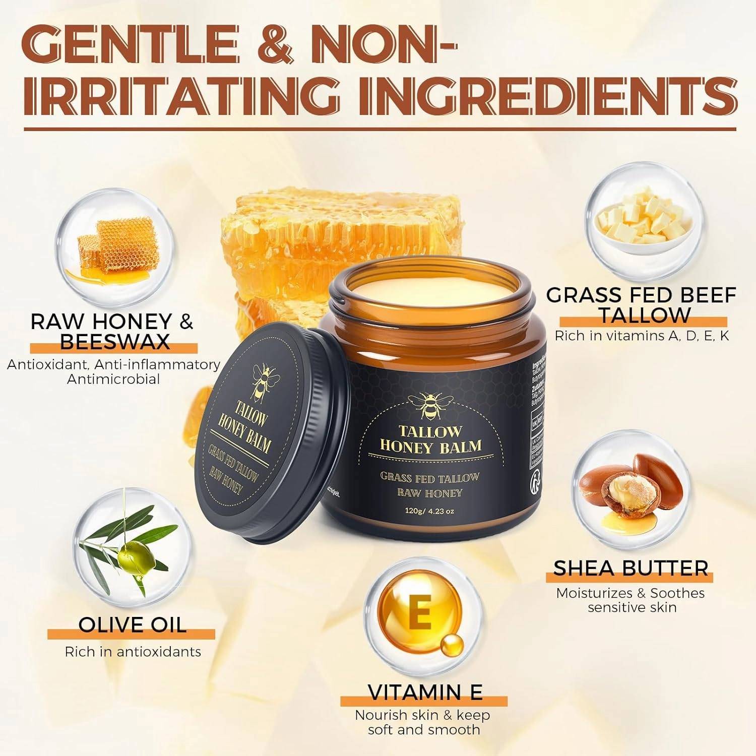Beef Tallow for Skin, Tallow and Honey Balm for Face, Organic Grass-fed Beef Tallow Face Moisturizer for Deep Nourish and Soothe Dry Skin (4.23oz/120g)
