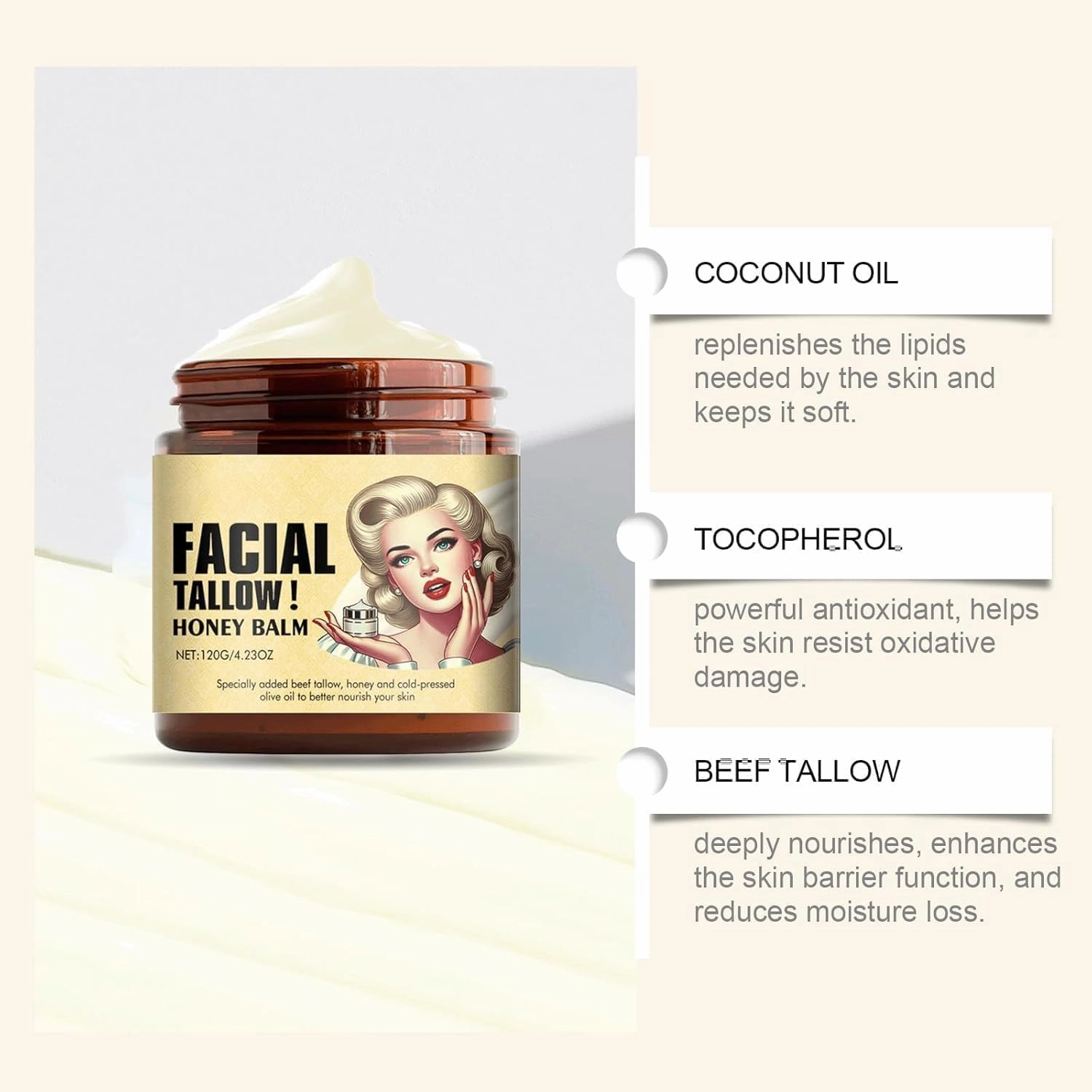 Beef Tallow for Skin,Tallow and Honey Balm,Tallow Face Moisturizer Beef Tallow for Face,Grass Fed Grass Finished Organic Faces Cream,Moisturizer,Body Lotion,Skin Care,Body Cream(1PC)