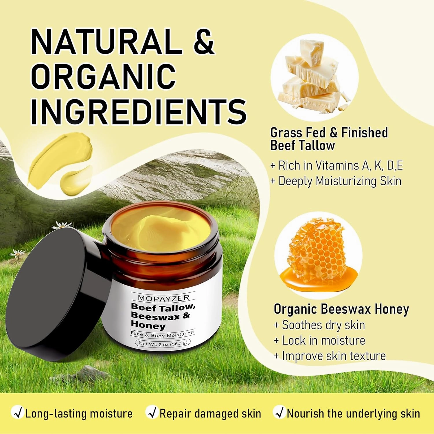 Beef Tallow for Skin, Whipped Tallow Balm for Face & Body, Grass Fed Beef Tallow Moisturizer with Tallow, Beeswax & Honey, Organic Face Cream for Skin Care, Moisturizes & Repairs Dry Skin, 4 oz
