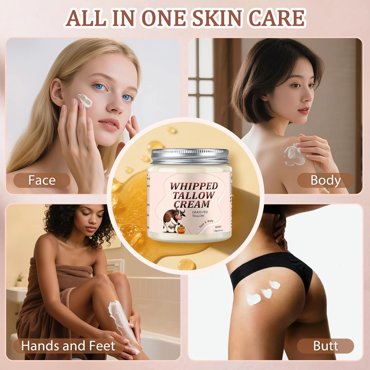 Beef Tallow for Skin, Whipped Tallow Cream for Face Moisturizer, 100% Grass Fed, Deeply Nourishing for Body, Smooth Soft for Dry Skin (Honey)
