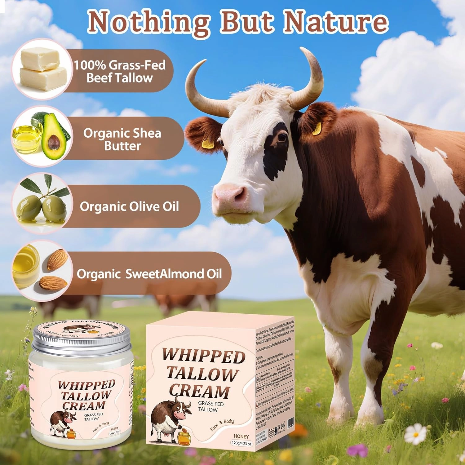Beef Tallow for Skin, Whipped Tallow Cream for Face Moisturizer, 100% Grass Fed, Deeply Nourishing for Body, Smooth Soft for Dry Skin (Honey)