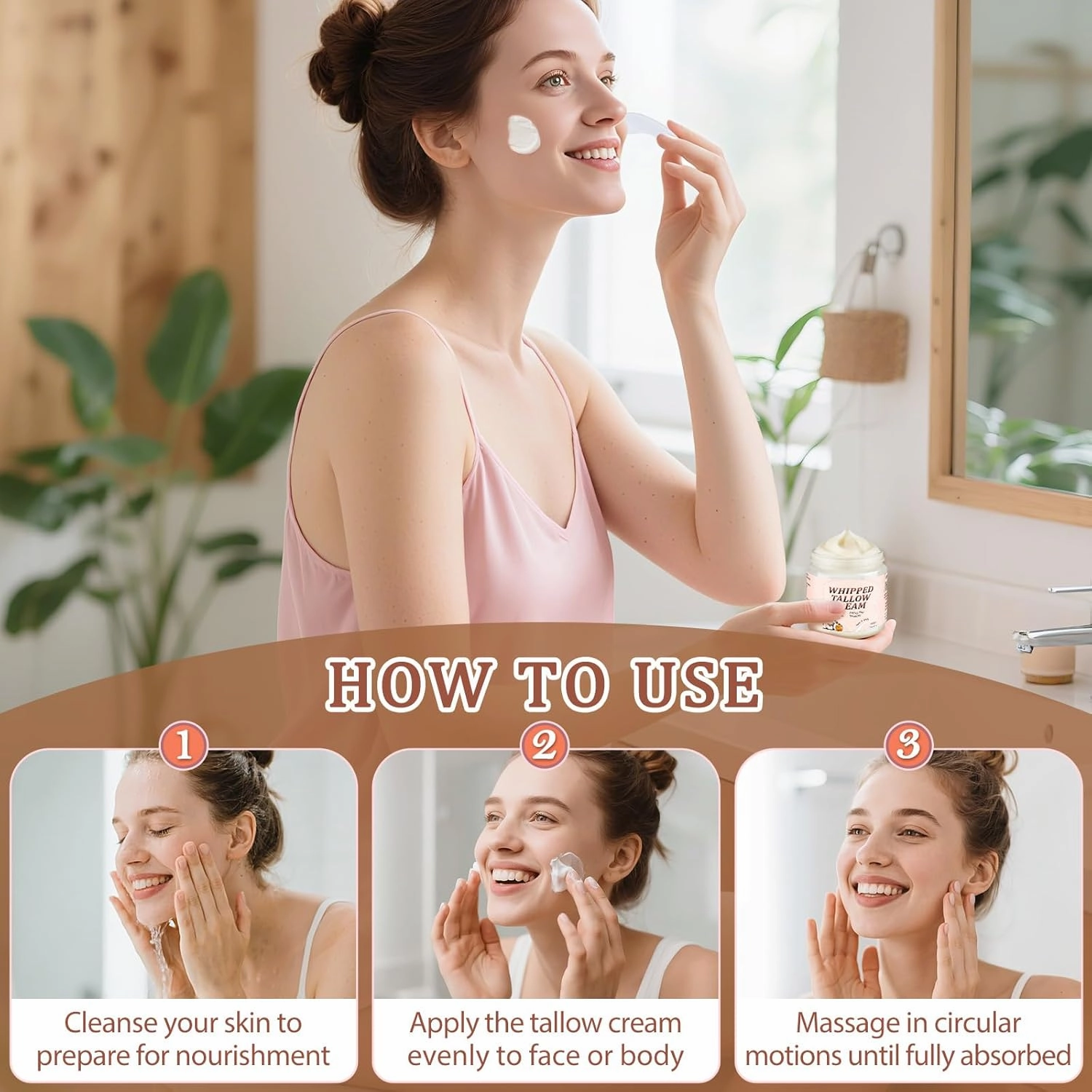 Beef Tallow for Skin, Whipped Tallow Cream for Face Moisturizer, 100% Grass Fed, Deeply Nourishing for Body, Smooth Soft for Dry Skin (Honey)
