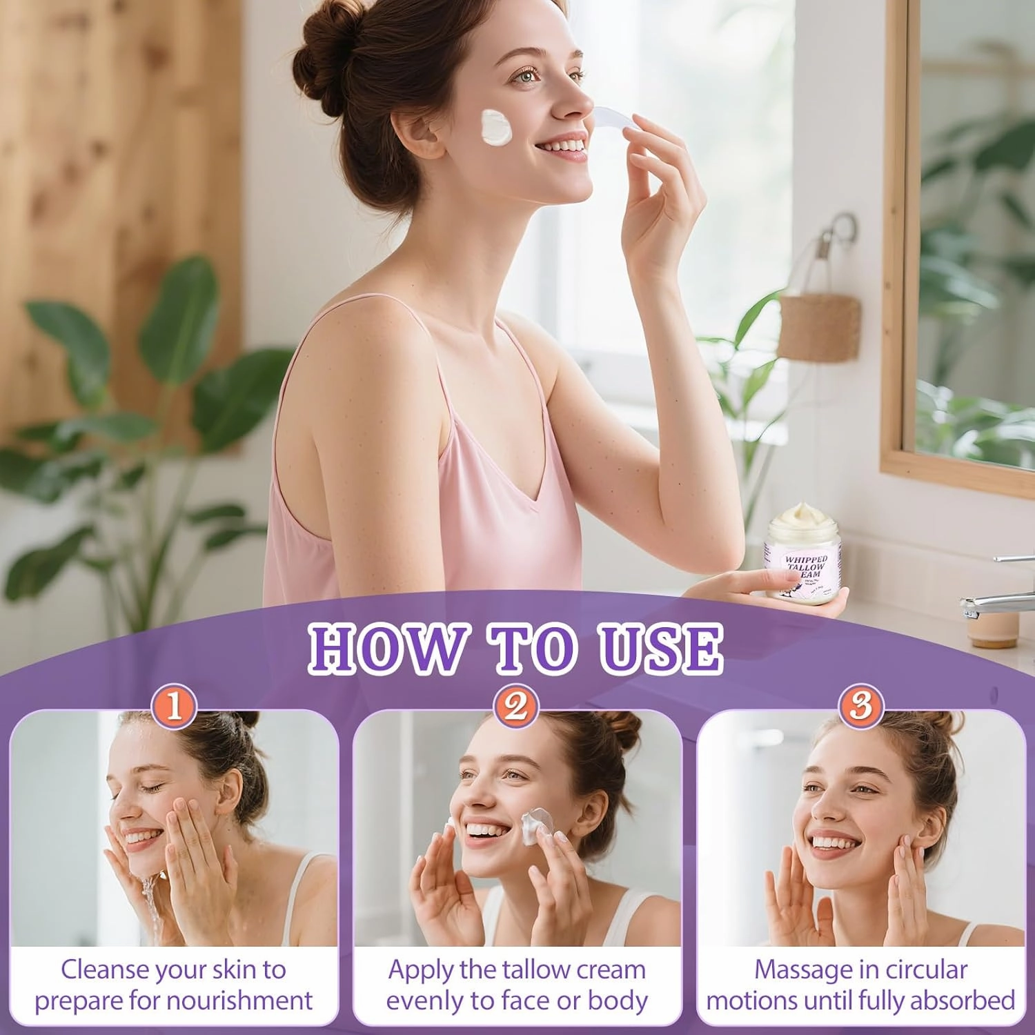 Beef Tallow for Skin, Whipped Tallow Cream for Face Moisturizer, 100% Grass Fed, Deeply Nourishing for Body, Smooth Soft for Dry Skin (Lavender)