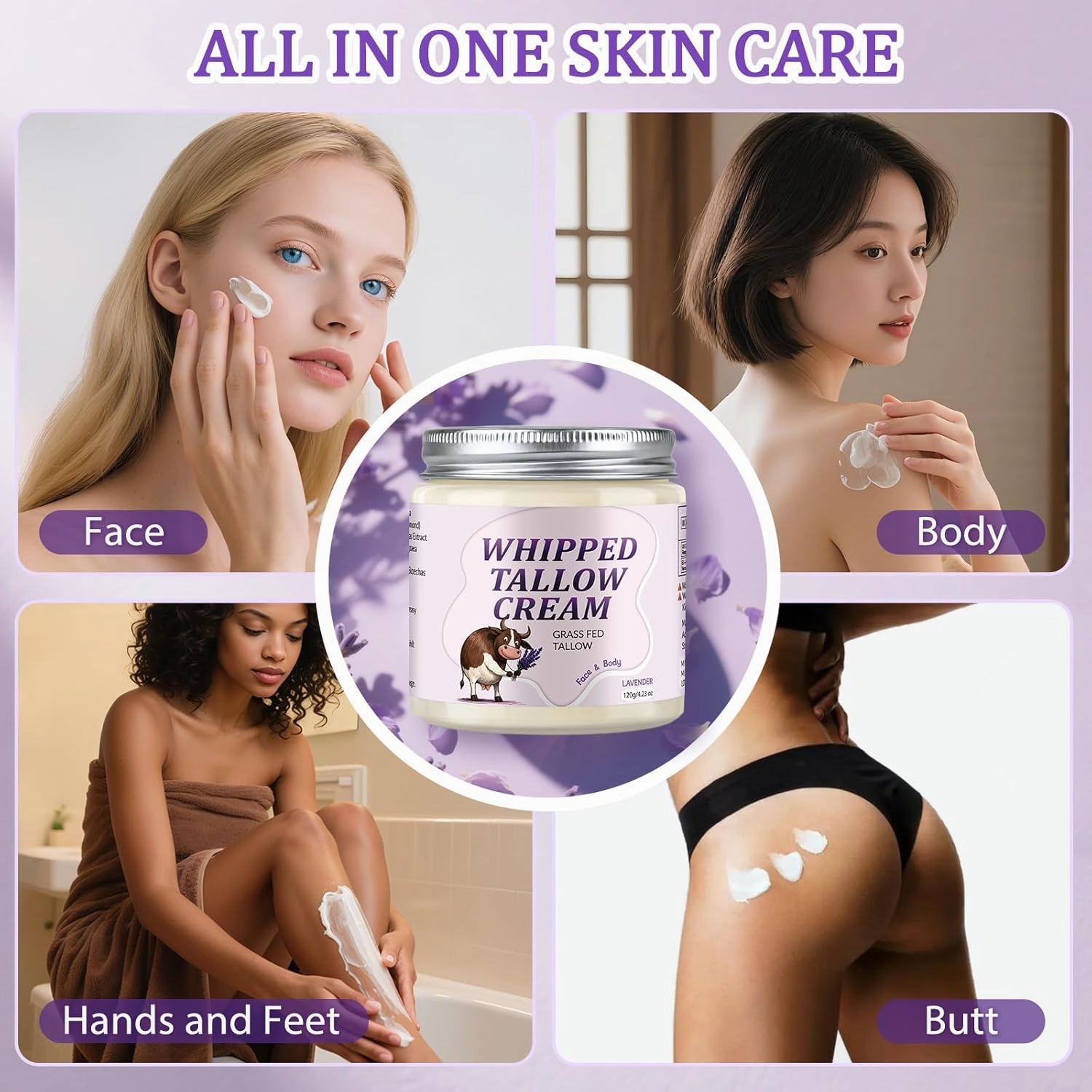 Beef Tallow for Skin, Whipped Tallow Cream for Face Moisturizer, 100% Grass Fed, Deeply Nourishing for Body, Smooth Soft for Dry Skin (Lavender)