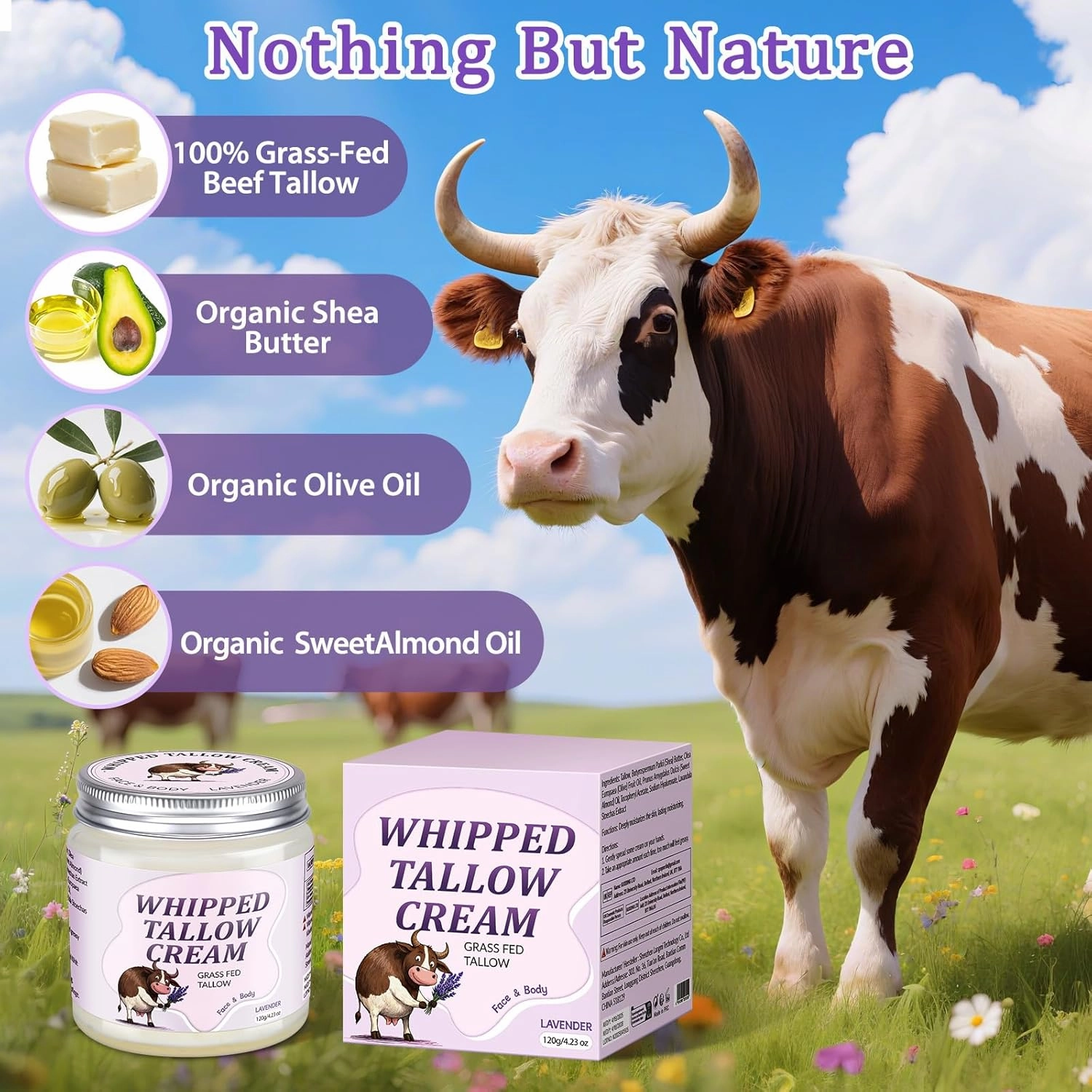 Beef Tallow for Skin, Whipped Tallow Cream for Face Moisturizer, 100% Grass Fed, Deeply Nourishing for Body, Smooth Soft for Dry Skin (Lavender)