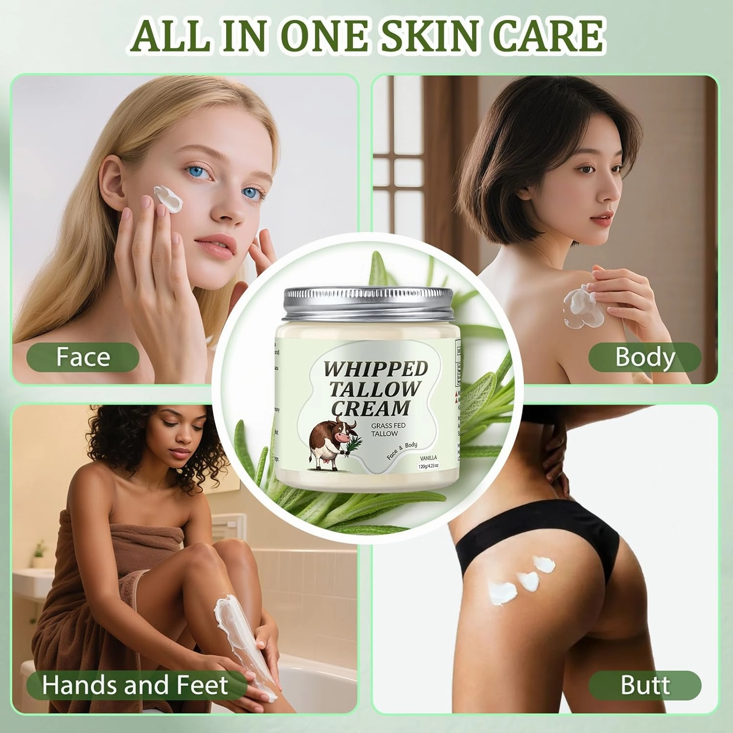 Beef Tallow for Skin, Whipped Tallow Cream for Face Moisturizer, 100% Grass Fed, Deeply Nourishing for Body, Smooth Soft for Dry Skin (Vanilla)