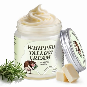 Beef Tallow for Skin, Whipped Tallow Cream for Face Moisturizer, 100% Grass Fed, Deeply Nourishing for Body, Smooth Soft for Dry Skin (Vanilla)