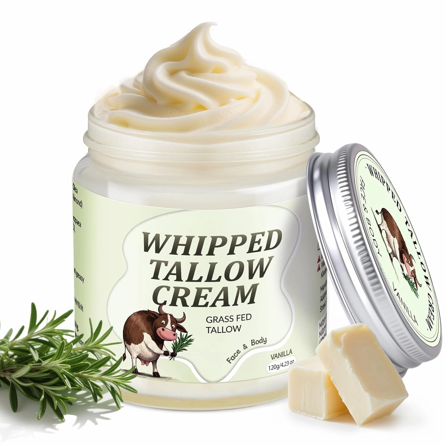 Beef Tallow for Skin, Whipped Tallow Cream for Face Moisturizer, 100% Grass Fed, Deeply Nourishing for Body, Smooth Soft for Dry Skin (Vanilla)