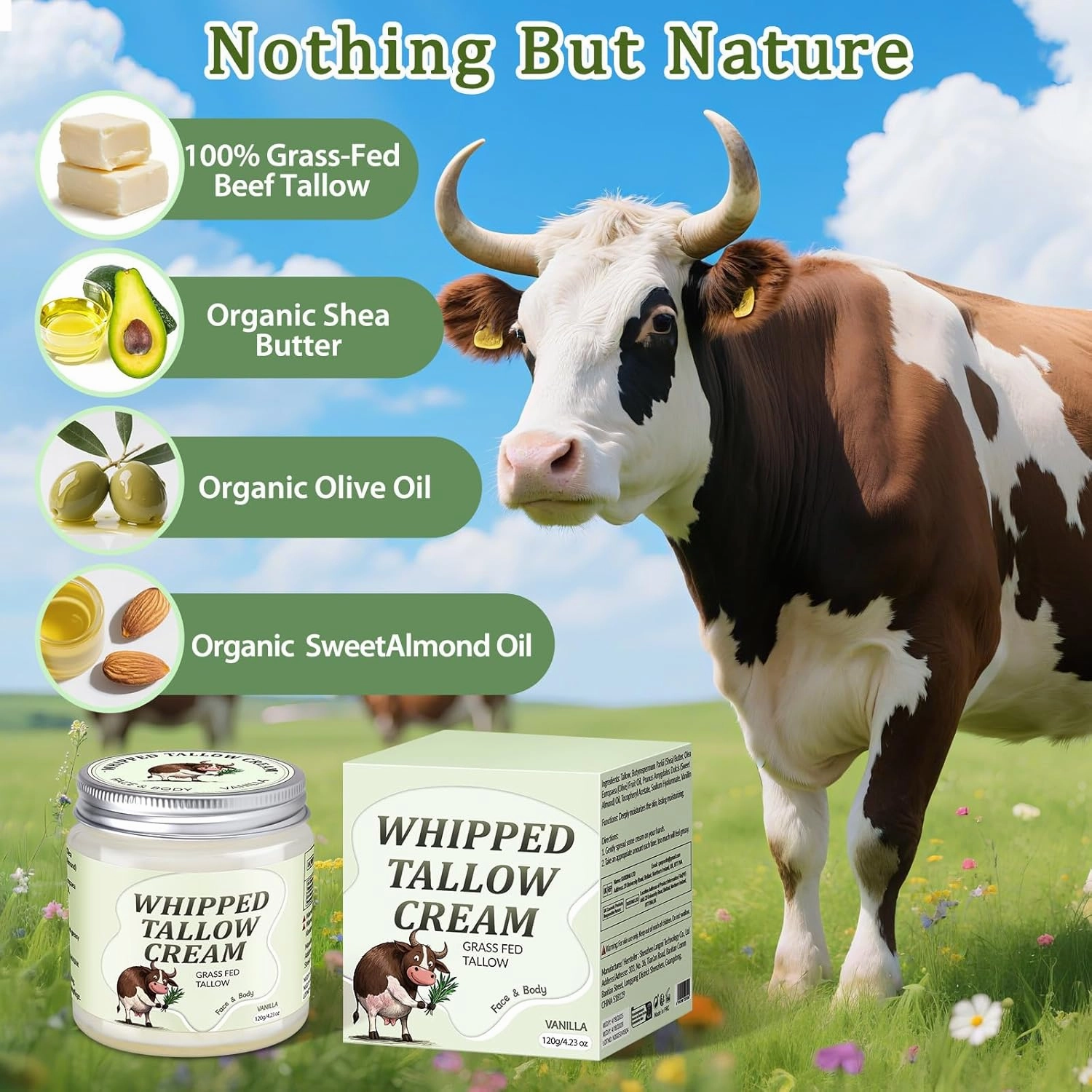 Beef Tallow for Skin, Whipped Tallow Cream for Face Moisturizer, 100% Grass Fed, Deeply Nourishing for Body, Smooth Soft for Dry Skin (Vanilla)