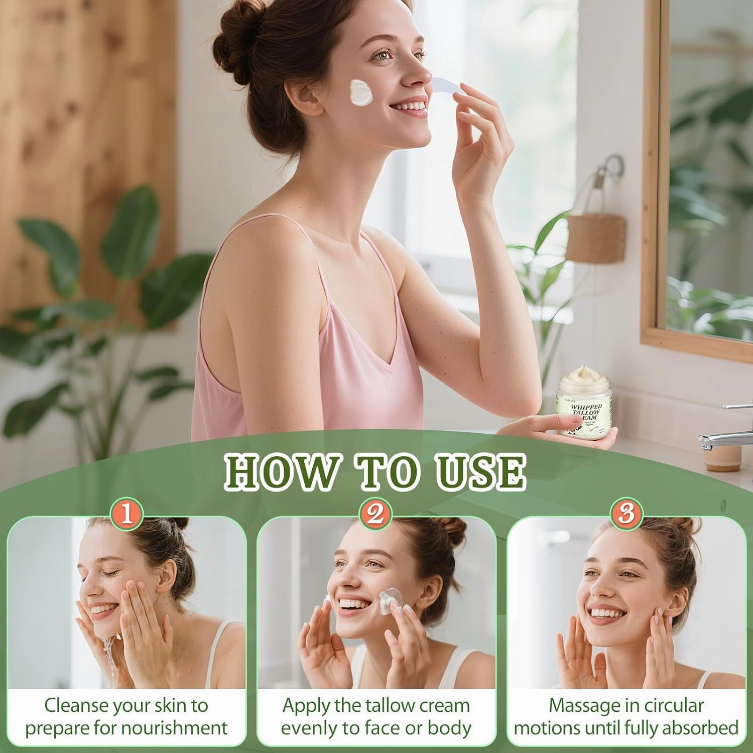 Beef Tallow for Skin, Whipped Tallow Cream for Face Moisturizer, 100% Grass Fed, Deeply Nourishing for Body, Smooth Soft for Dry Skin (Vanilla)