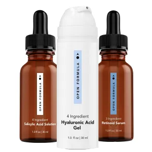 Blemish Control Superset. For Acne-prone skin, Dark Spots, Blemishes, Clogged Pores, Acne Scarring. 3 Products 3 Min. Salicylic Acid Solution   Retinoid Serum   Hyaluronic Moisturizer Gel