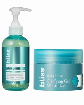 Bliss Clear Genius Cleanser 6.4 oz   Gel Moisturizer 1.7 oz | Salicylic Acid & Niacinamide to Purify Pores, Control Oil & Hydrate | Vegan, Tea Tree Scent, Oil-Free, Paraben-Free, Blemish-Prone Skin