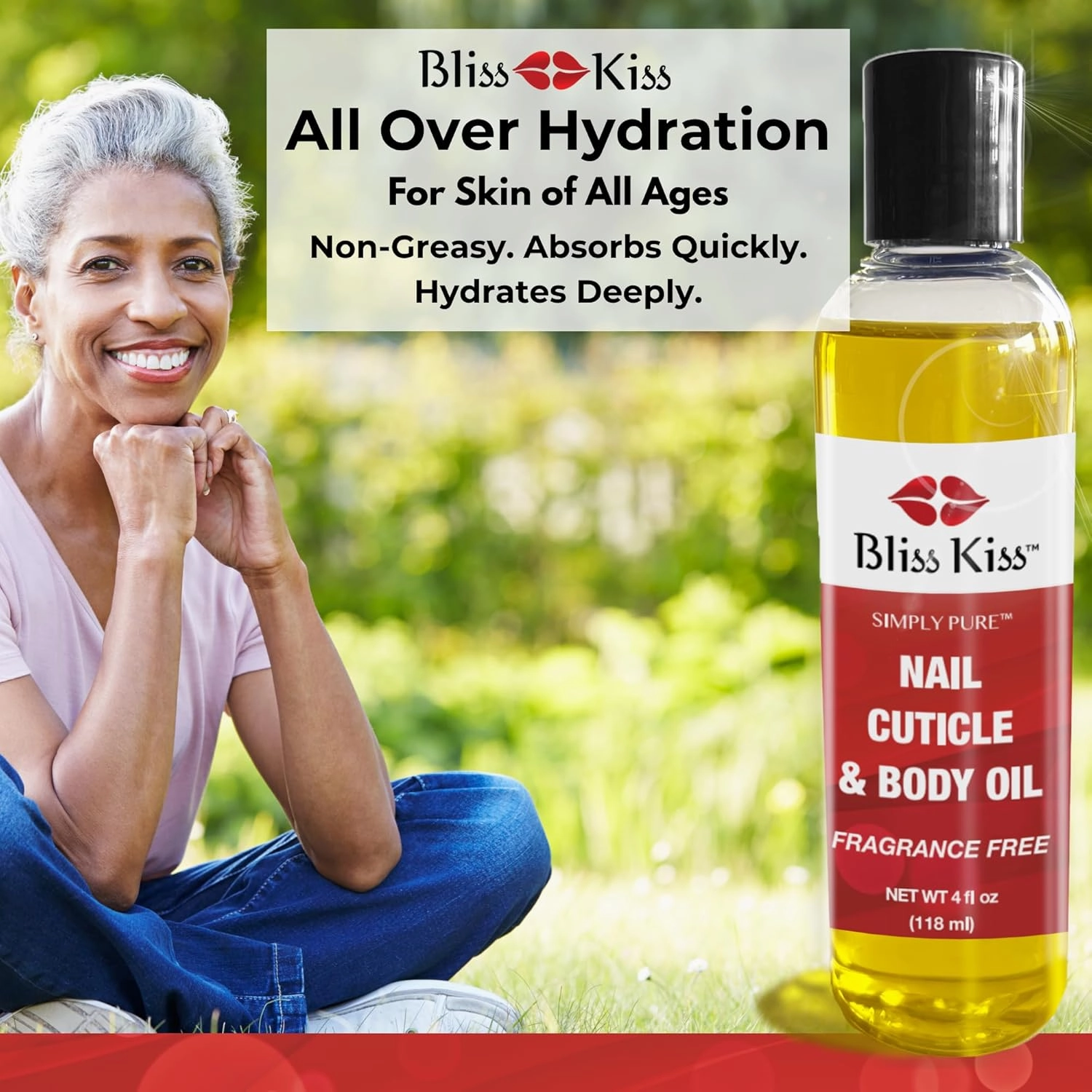 Bliss Kiss Simply Pure Hydrating Nail & Cuticle Oil – 4 oz Fragrance Free – Strengthens Nails, Softens Cuticles, Fast-Absorbing Jojoba & Vitamin E Oil for Dry Skin, Hands, Feet, Elbows, and Body Care