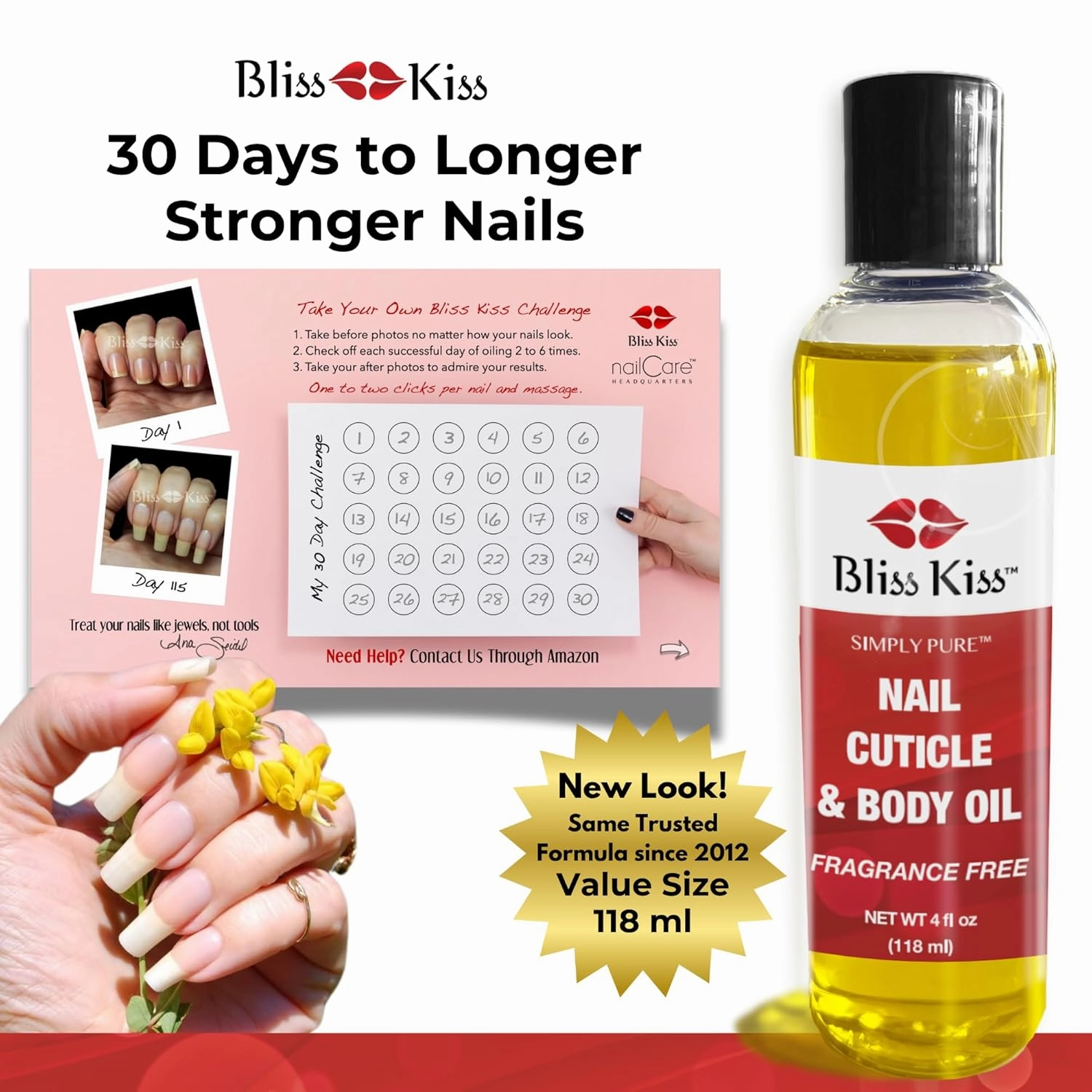 Bliss Kiss Simply Pure Hydrating Nail & Cuticle Oil – 4 oz Fragrance Free – Strengthens Nails, Softens Cuticles, Fast-Absorbing Jojoba & Vitamin E Oil for Dry Skin, Hands, Feet, Elbows, and Body Care