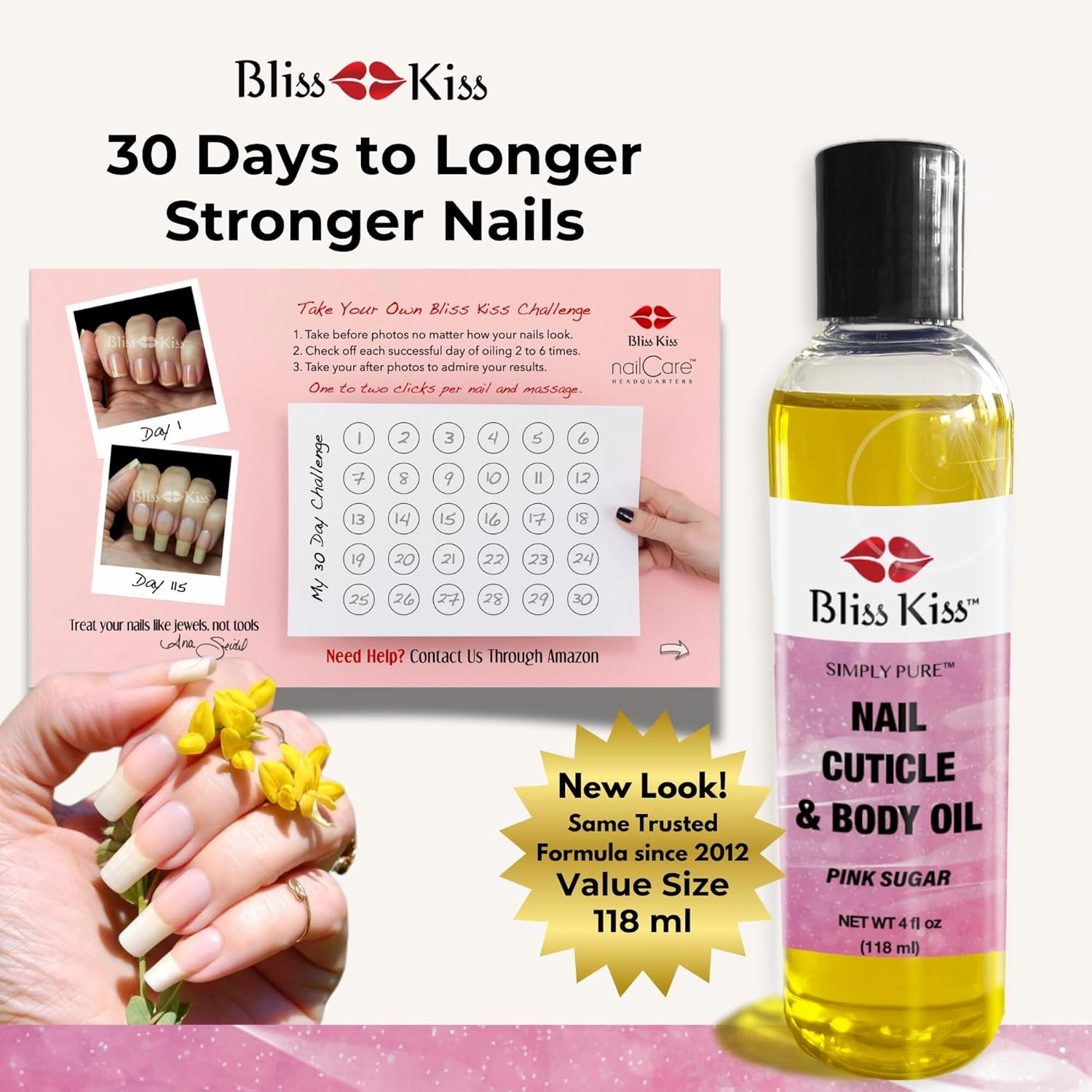 Bliss Kiss Simply Pure Hydrating Oil - 4 oz Bottle - Pink Sugar Scent - Cuticle & Nail Oil