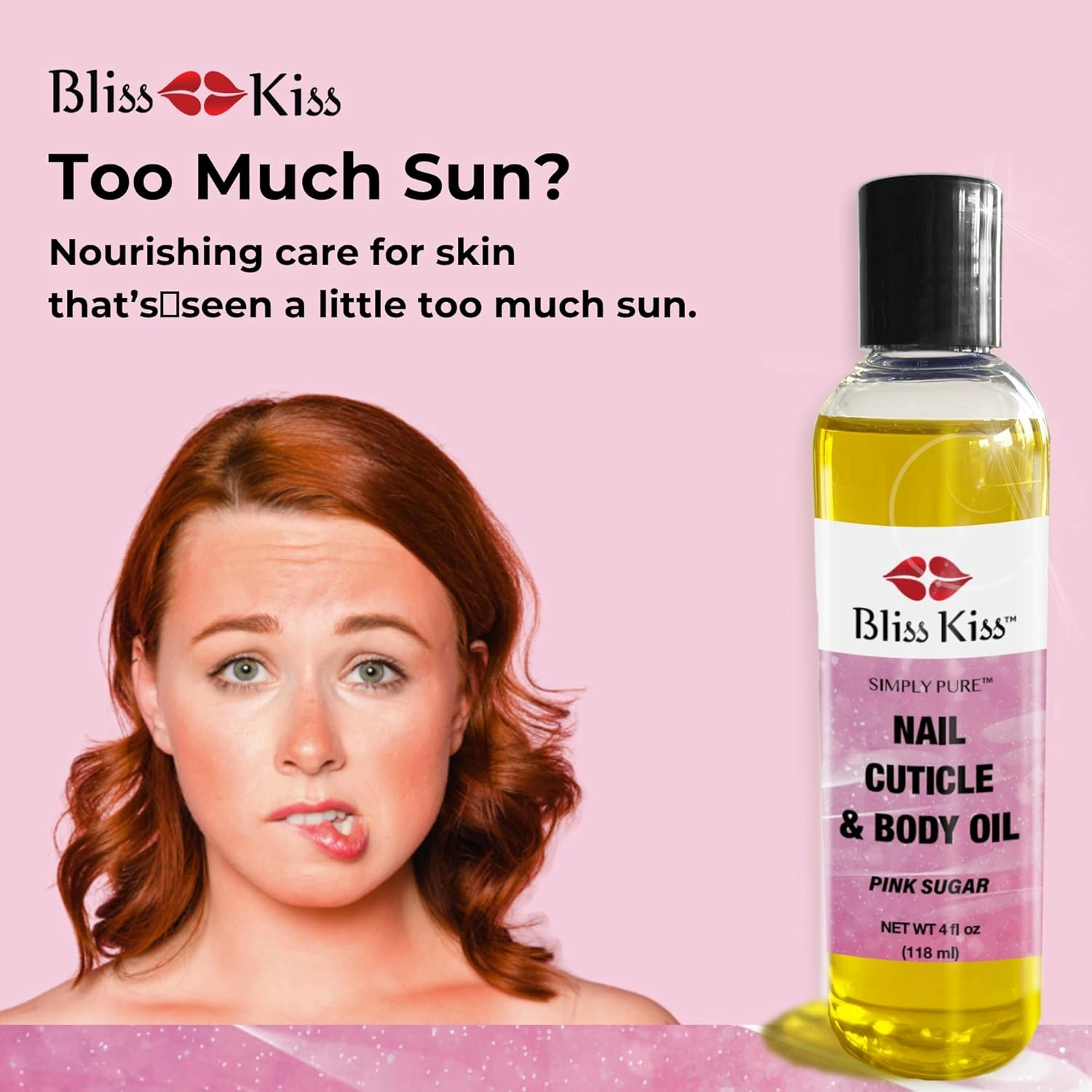 Bliss Kiss Simply Pure Hydrating Oil - 4 oz Bottle - Pink Sugar Scent - Cuticle & Nail Oil