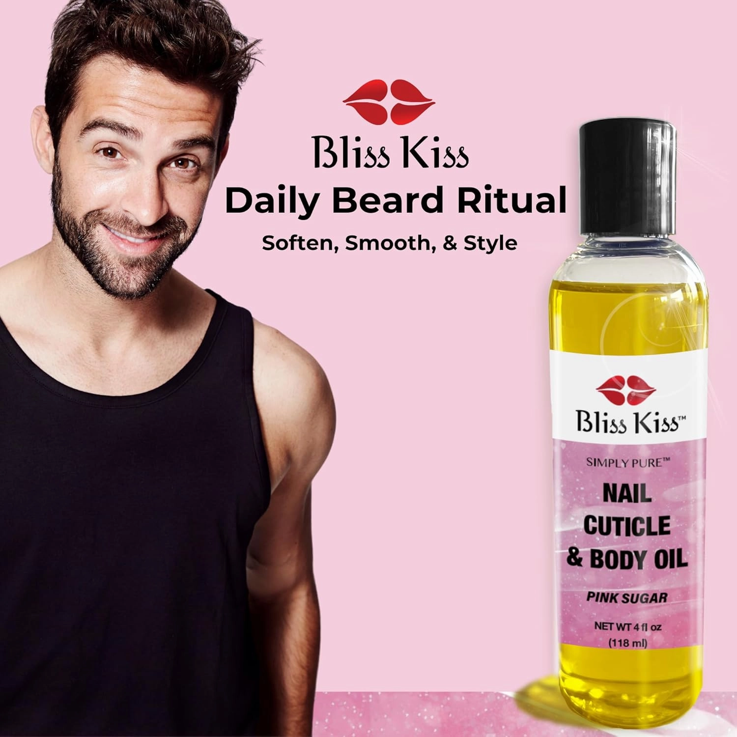 Bliss Kiss Simply Pure Hydrating Oil - 4 oz Bottle - Pink Sugar Scent - Cuticle & Nail Oil